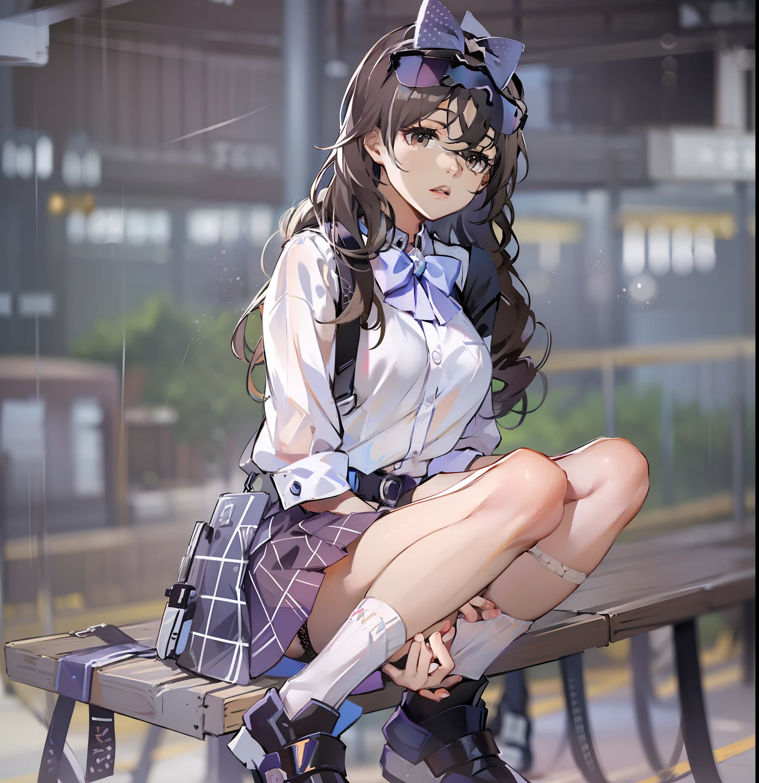underwear, photo of 20 y.o lady, cute, panties, ((kpop idol)), lace panties, sitting, pantyshot, spread legs, skirt, school uniform, white panties, socks, black hair, shirt, blurry, blurry background, kneehighs, white shirt, loafers, realistic, long hair, lips, brown eyes, black socks, bowtie, pleated skirt, bow, head rest, looking to the side, outdoors, brown footwear, masterpiece, best quality, ultra-detailed,