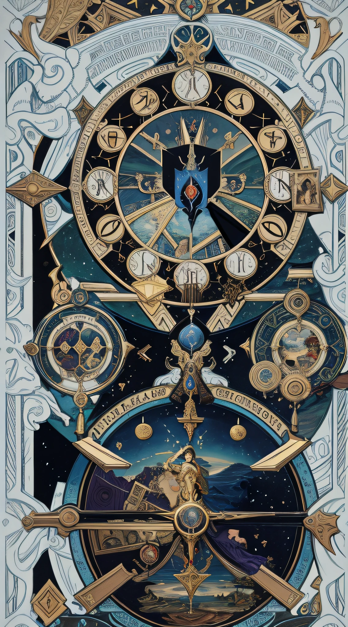 Tarot Through Time: A thought-provoking collage artwork that visually narrates the evolution of tarot cards throughout history. This piece merges various styles of art, from Renaissance oil painting to abstract modernism. The central theme showcases the "Fool" card as a time-traveling figure, experiencing different eras, each depicted by the distinct art style of the period.