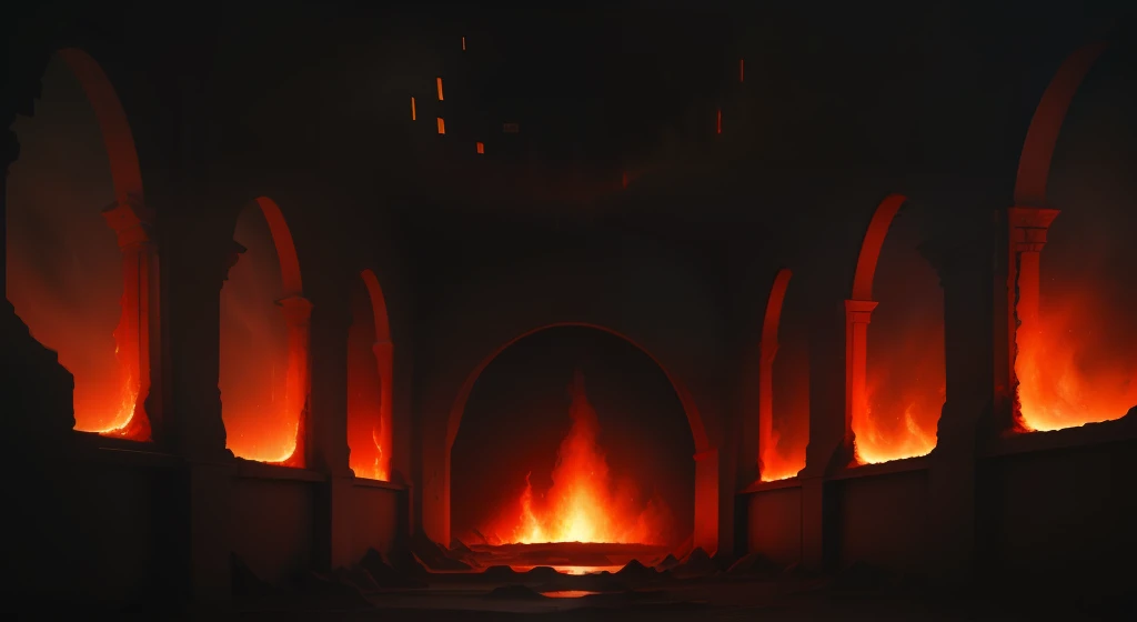 [hell：0.5]，hell，palaces，（inside in room），Immerse yourself in a huge rain of fire，No Man，Live in hell，firey，borgar，meteorite， （Doubleexposure：1.3），Surreal dreams，Black and red atmosphere，dyna，hdr