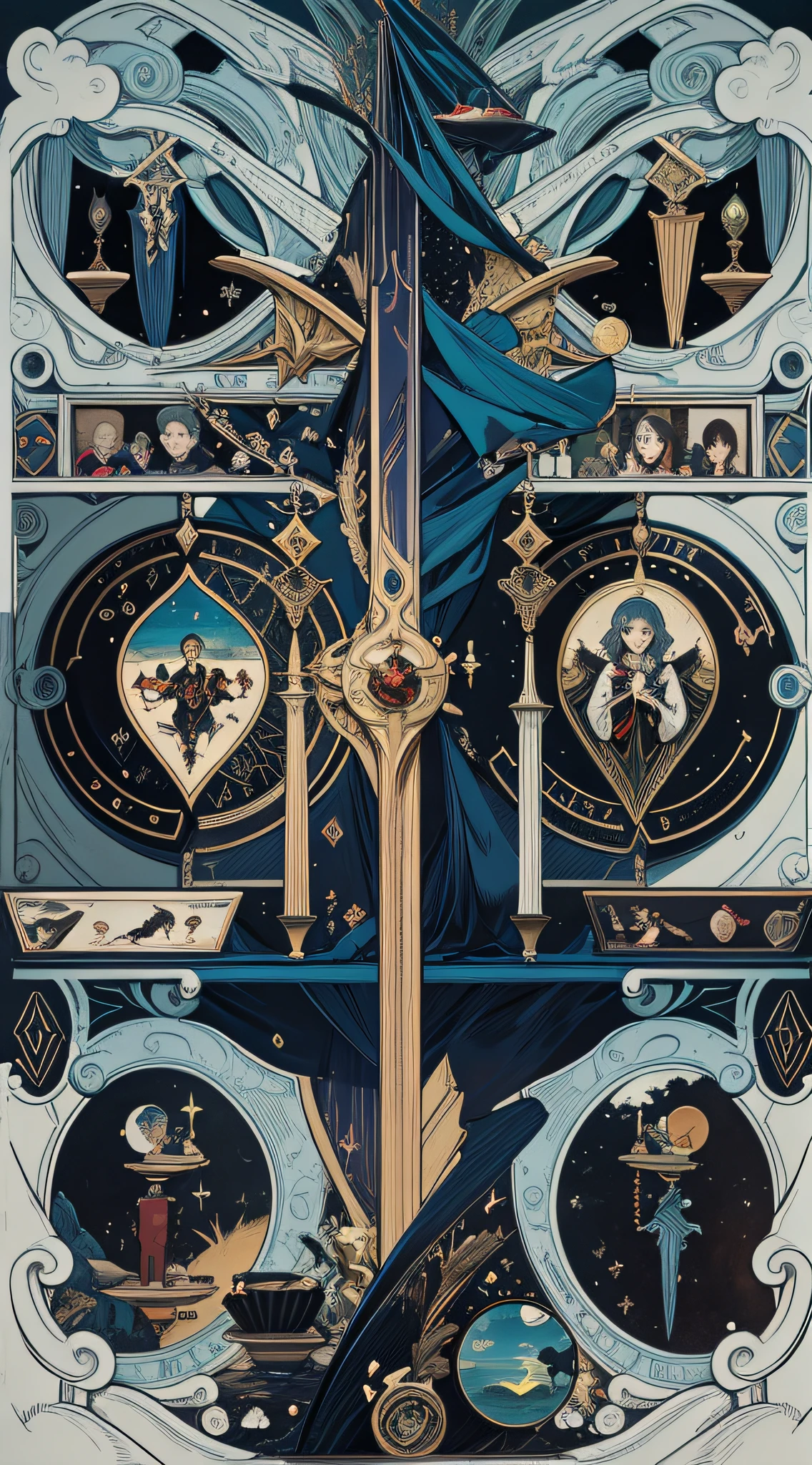 Tarot Through Time: A thought-provoking collage artwork that visually narrates the evolution of tarot cards throughout history. This piece merges various styles of art, from Renaissance oil painting to abstract modernism. The central theme showcases the "Fool" card as a time-traveling figure, experiencing different eras, each depicted by the distinct art style of the period.