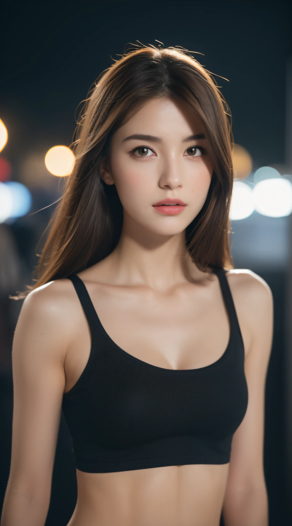 ((Realistic lighting, Best quality, 8K, Masterpiece: 1.3)), Clear focus: 1.2, 1girl, Perfect Figure: 1.4, Slim Abs: 1.1, ((Dark brown hair)), (White crop top: 1.4), (Outdoor, Night: 1.1), City streets, Super fine face, Fine eyes, Double eyelids,