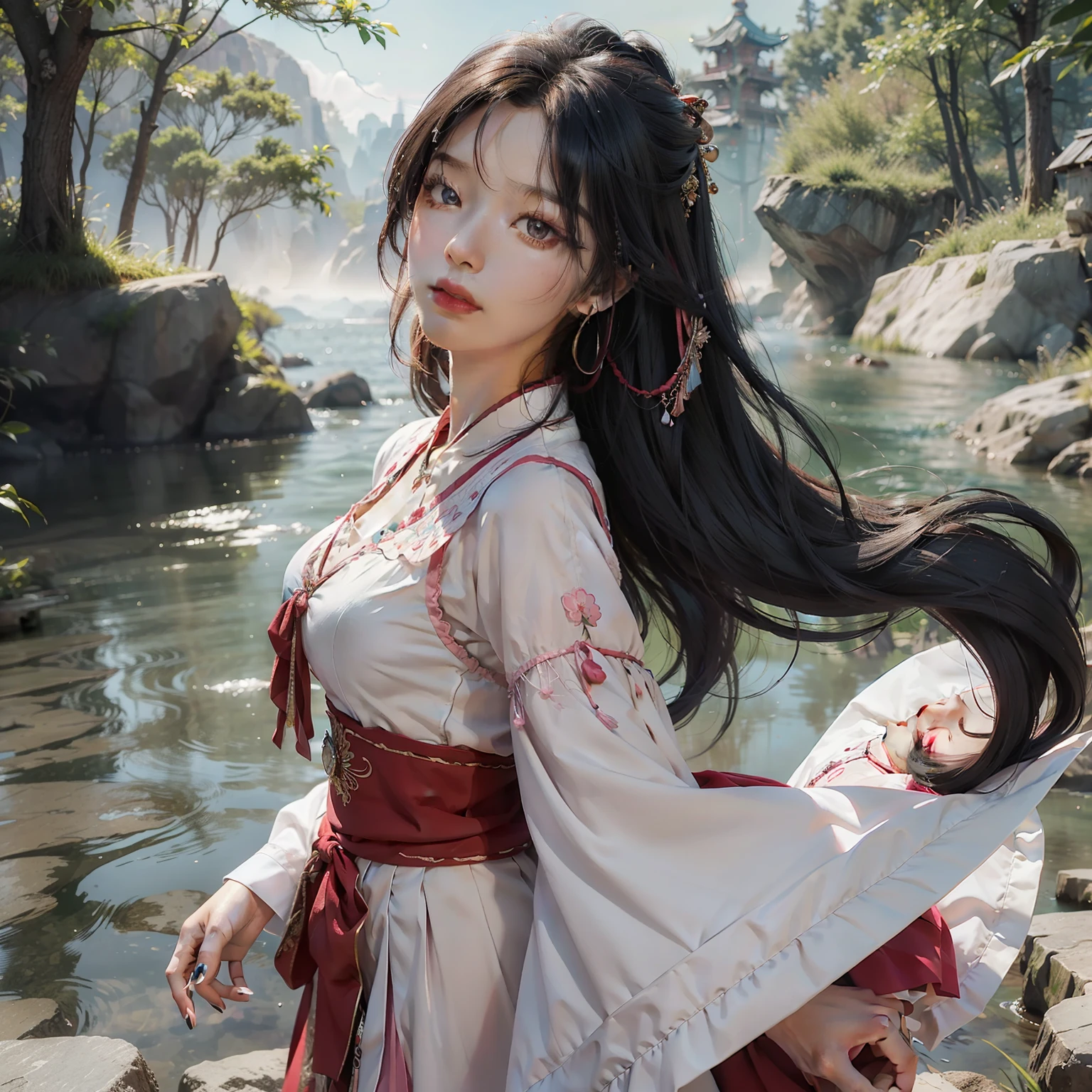 (masterpiece, top quality, best quality, official art, beautiful and aesthetic:1.2),tifa,eyeliner,mascara,Black_eyes,Black_hair,long hair,lipstick,hanfu, tang style outfits, 1girl, pink upper shan, red chest pleated skirt, green with pink waistband, red pibo,extreme detailed,(fractal art:1.3),colorful,highest detailed,cowboy shot,jewelry,energetic movement,facing viewer,