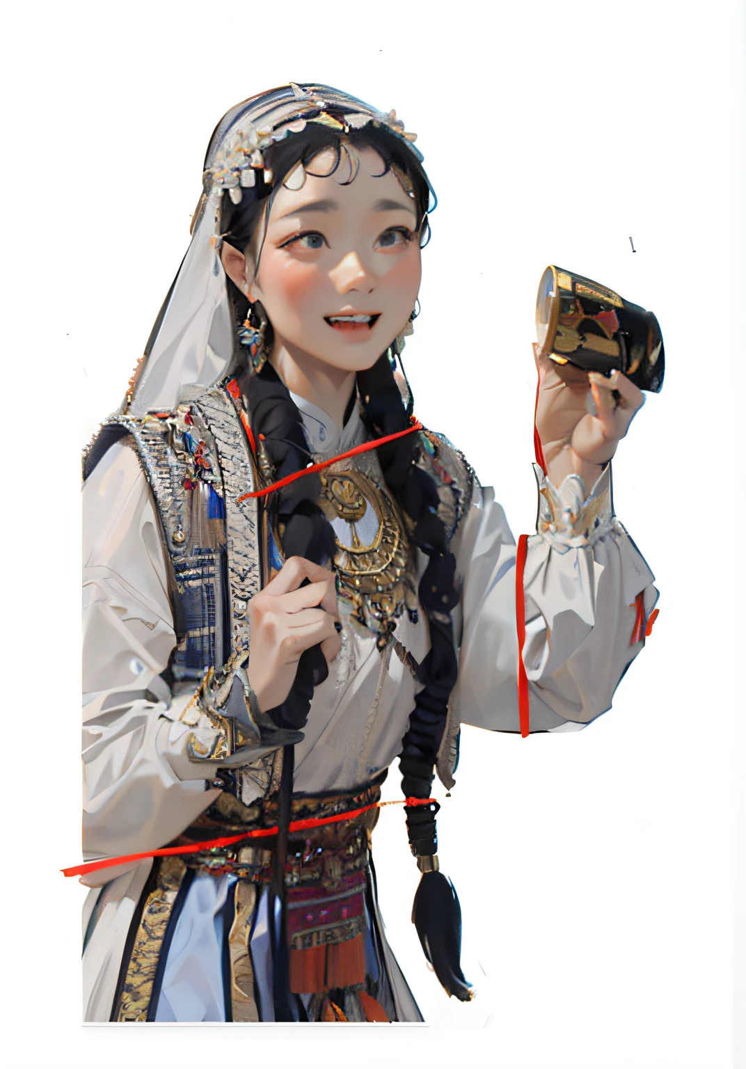 Image of Araved of a woman in traditional dress holding a bottle, traditional garb, authentic costume, traditionalcostumes, traditionalcostumes, High quality clothing, Traditional clothing, high quality theatre costume, with acient chinese clothes, traditional, wearing authentic attire, Traditional Chinese clothing, traditional tai costume, ancient libu young girl, traditional romanian clothing, Ancient sword, Traditional beauty，Face the lens，happy laughing，exquisite facial features，High- sharpness，