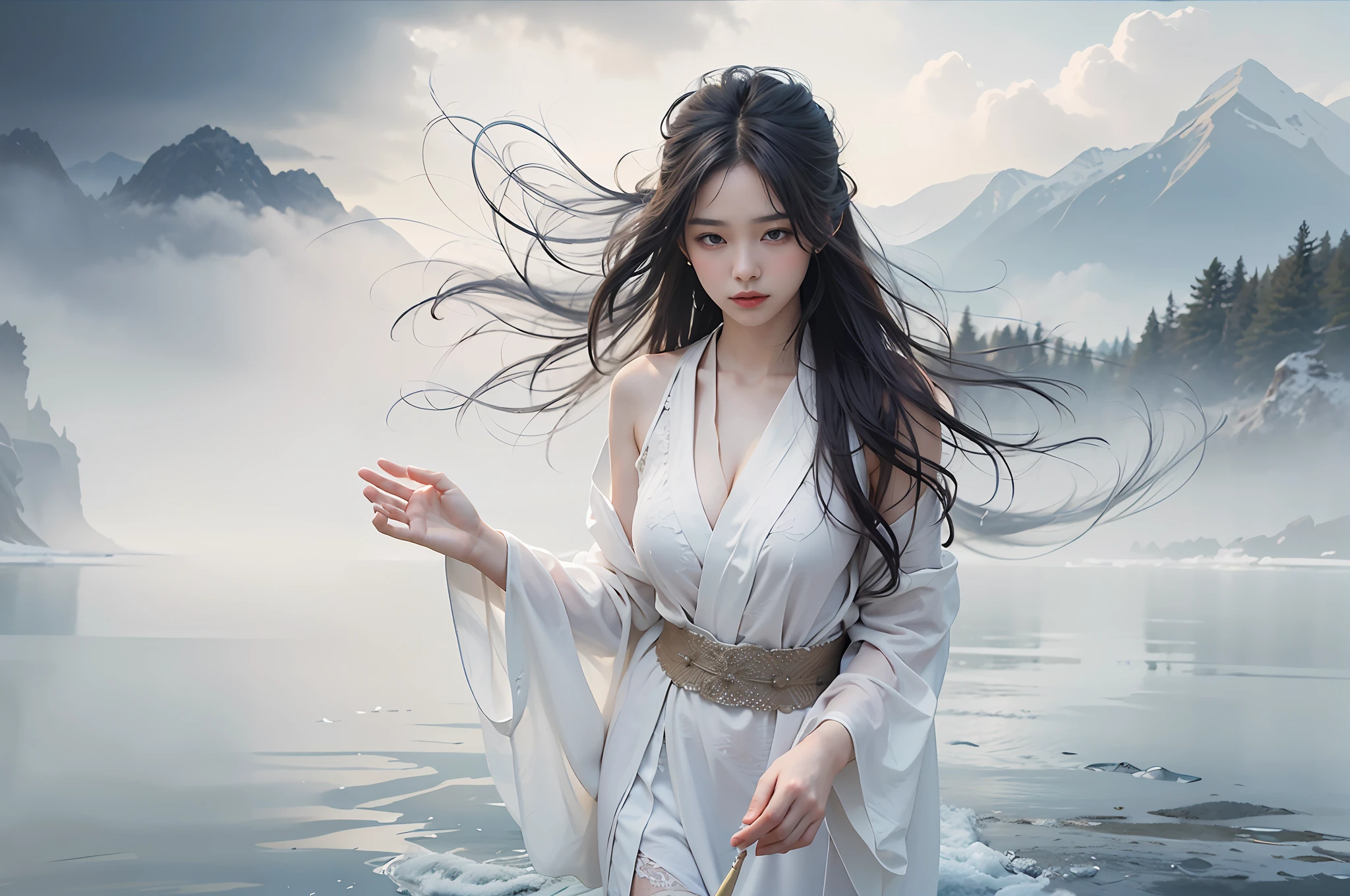 Beautiful ethereal young beauty，Wearing a flowing white Chinese robe。The camera captures a young woman standing gracefully on the water，It is surrounded by white clouds and mist，Adds an otherworldly touch to the scene。The young beauty's long black hair and robe were blown by the wind，It adds movement and fluidity to the picture。Use Midjourney's advanced brush tools to create intricate folds and textures on young women's robes and hair，And experiment with different color palettes and brushstrokes to bring out the ethereal quality of the scene。The image of the young woman is sometimes obscured by the fog around her，It also increases the beauty of young women，Make the scene full of mystery and fascination。Leverage Midjourney's powerful tools，You can bring this captivating and ethereal scene to life with incredible detail and beauty。 hdr，（真实感，Masterpiece quality，best qualtiy），，PureErosFace_V1，Urzang-6500-V1 Edition, Edition, Edition, Edition, Edition, Edition, Edition, Edition, Edition, Edition, Edition, Edition, Edition, Edition, Edition, Edition, Edition, Edition, Edition, Edition, Edition, Edition, Edition, Edition.1，，((((((Solo))))))，(((((Long flowing hair)))))，((((High temperament and coldness))))，((((A calm face))))，((((Fairy air fluttering))))，((((((Peerless beauty))))))，(((((Less exposure)))))，dignified and decent，(((White robes fluttering)))，(((((solo female)))))，(((((Busty young woman)))))，((((Beautiful young woman))))，(((Perfect look)))