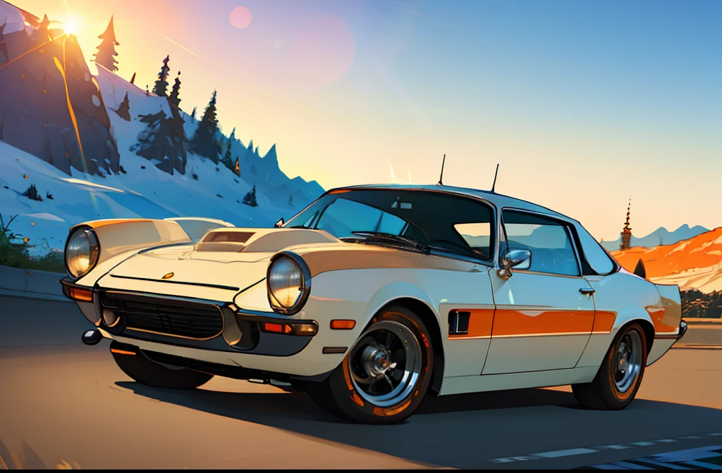 (masterpiece)+, (Best Quality)+, (Intricate Detail)+, design me the most beautiful car in the world, white paint with orange highlights, showroom concept, lens flare, camera artefact, professional photographer, 4k, HDR, longitudinal symmetry