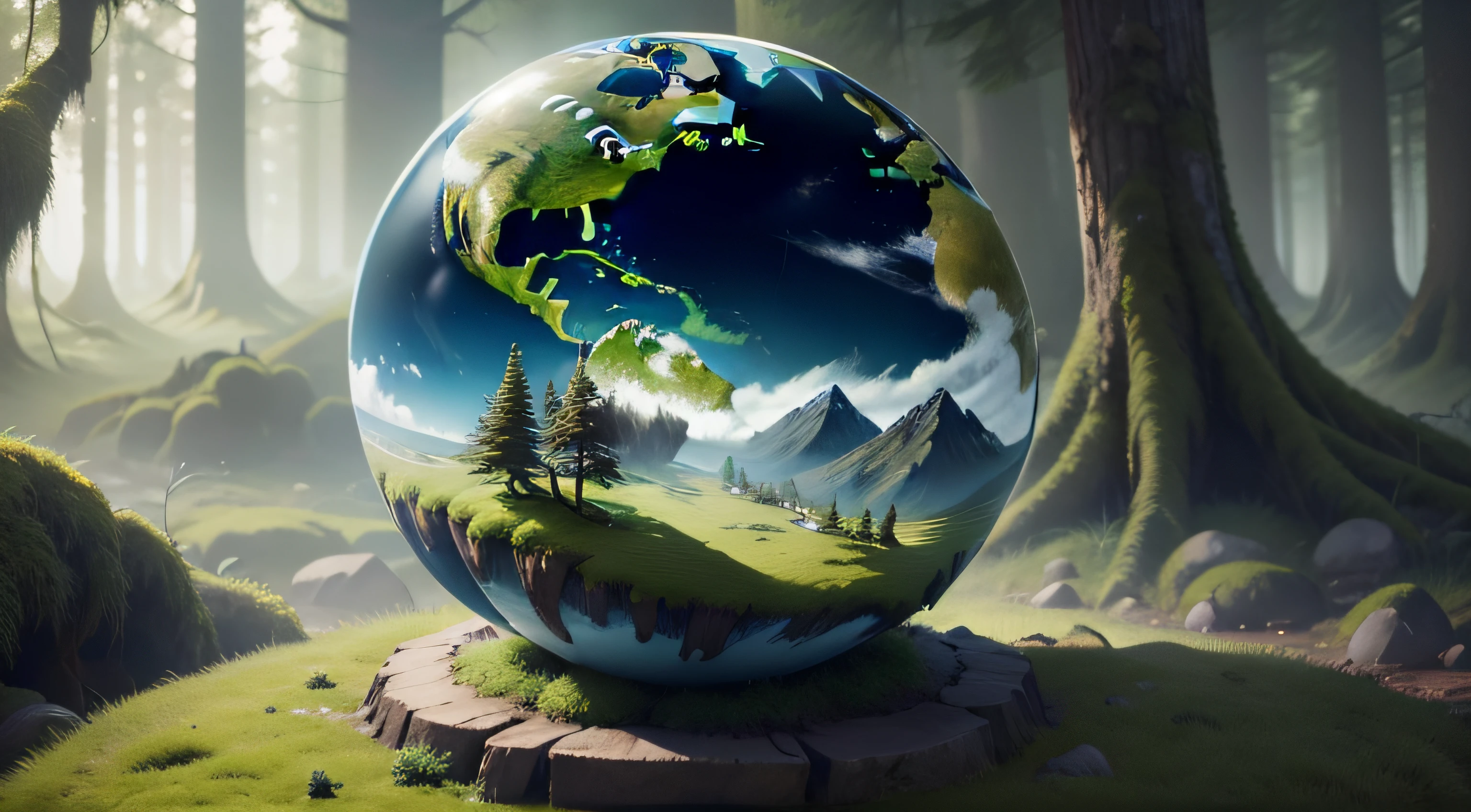 "Environmental concept: A mesmerizing globe delicately placed on lush moss in a serene forest setting."