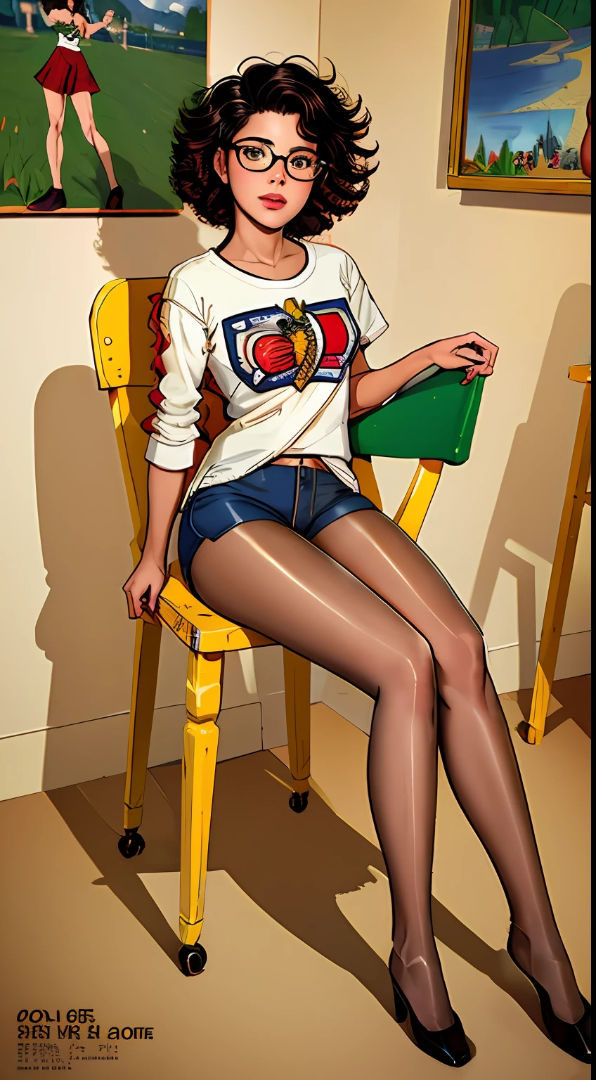 comics style, (((masterpiece))), full body view, feet in view, high resolution, gamer girl, nerd, , beautiful, cute, sitting on recling chair, legs wide open, short shorts, pantyhose, no shoes, fabric detail, curly hair, (intricate fabric:1.1), photorealistic, UHD, HDR, very detailed, (trending on artstation:1.3), Rolling Stone shoot