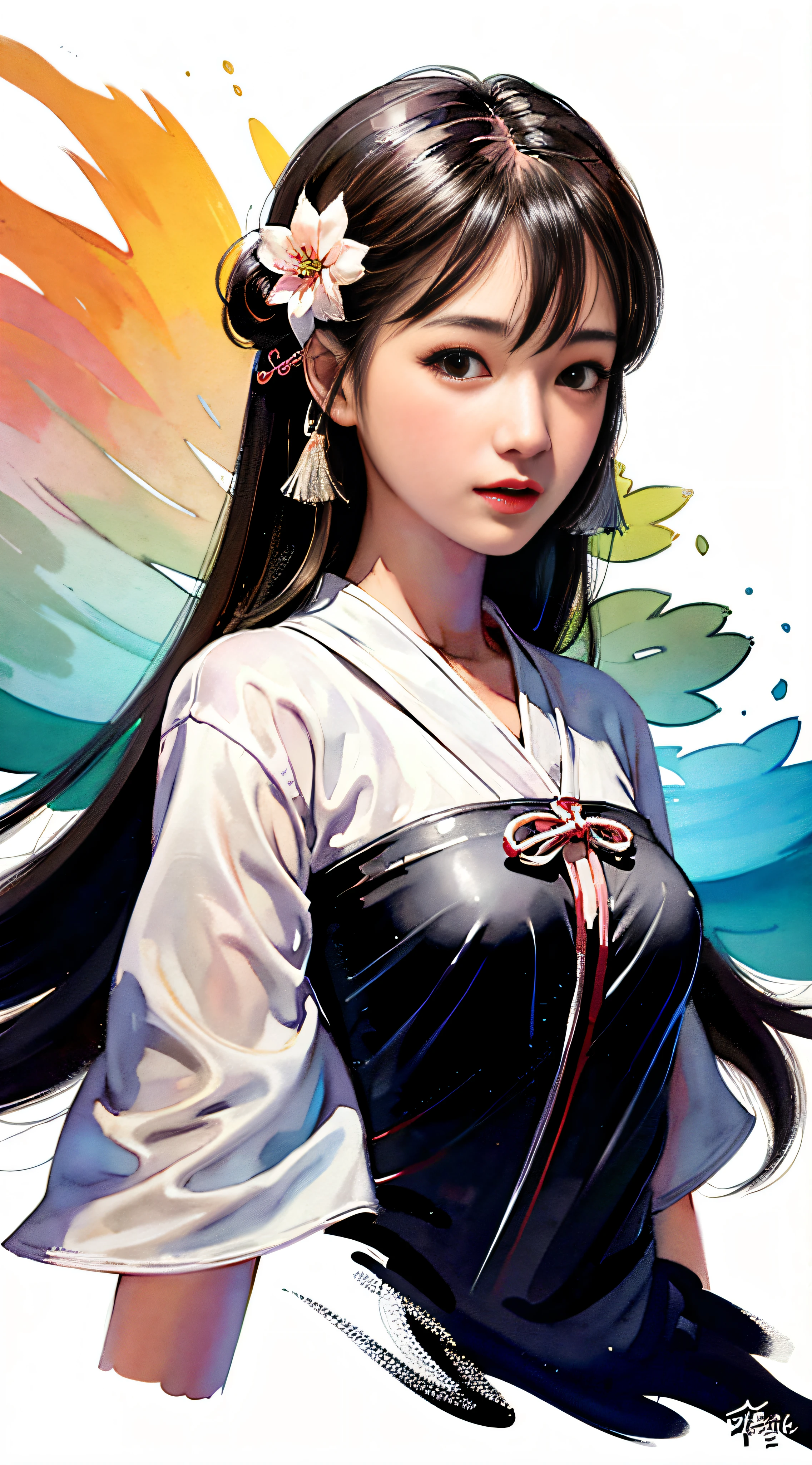 stechu,(white background:1.4), ((tachi-e)), original,(illustration:1.1),(best quality),(masterpiece:1.1),(extremely detailed CG unity 8k wallpaper:1.1), (colorful:0.9),(panorama shot:1.4),(solo:1.2), (ink splashing),(color splashing),((watercolor)), clear sharp focus,{ 1girl standing },((korean style )),flower background,outdoors,rocks, looking at viewer, soft smile,pure,beautyfull detailed face and eyes,beautyfull intricacy clothing decorative pattern details, black hair,black eyes,colorwater
