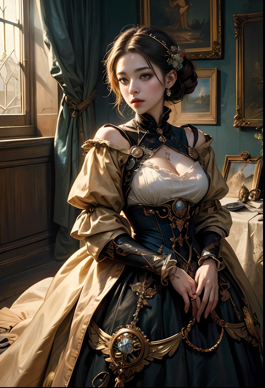 (masterpiece、top-quality、top-quality、Official art、Beautifully Aesthetic:1.2)、(1girl in)、ighly detailed、(Fractal Art:1.3)、colourfull、highestdetailed、Whole body wiring、dieselpunk、1800s、Western Land