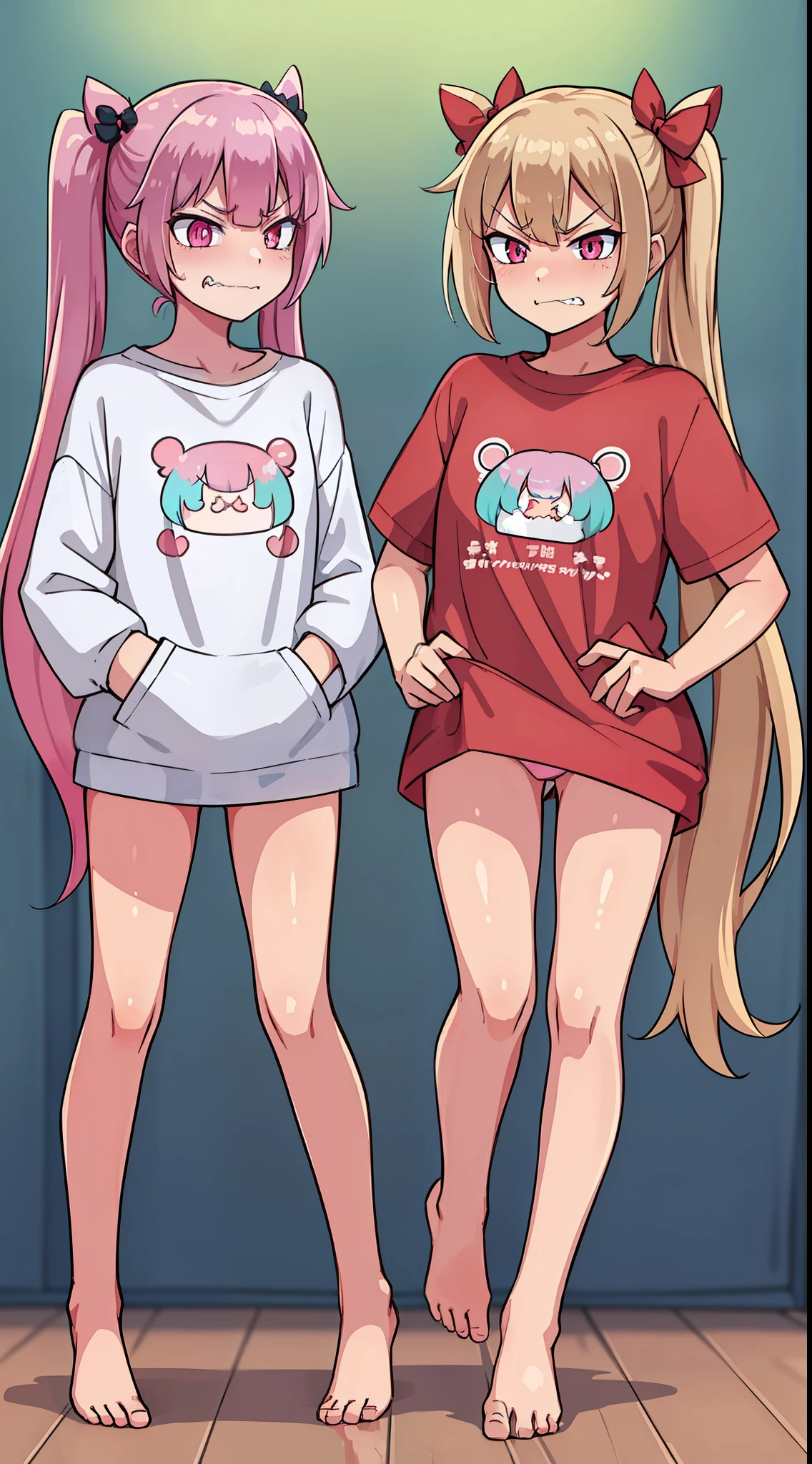 hiquality, tmasterpiece (one girls) blonde hair with two long ponytails and red bows on the ponytails, Cyan eyes, Fang frowning face with an evil smile, Pink T-shirt, panty, bare feet.