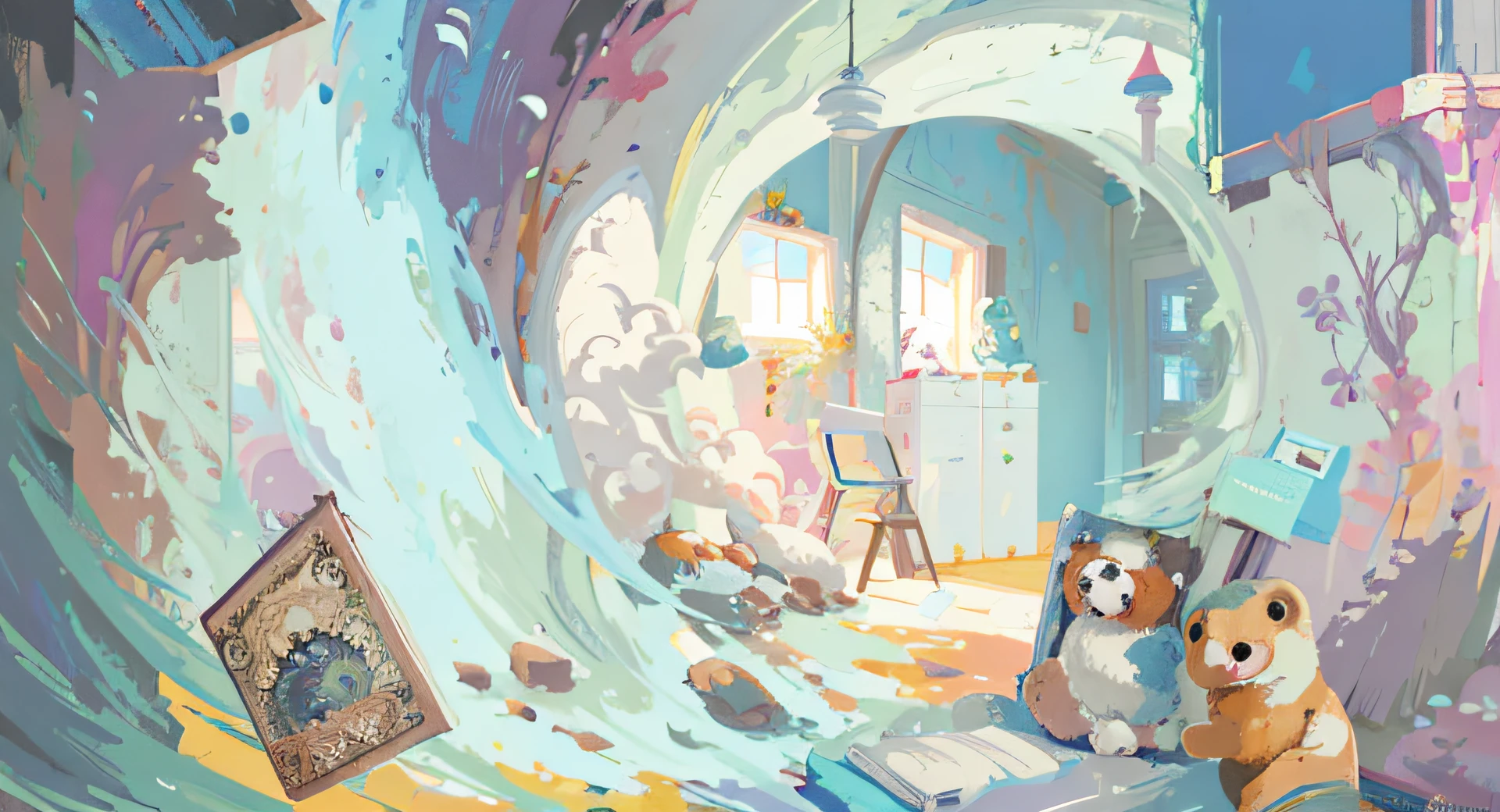 Ultra-fine fine pigments unfold in the foreground like a pigment tunnel,Inside is a room with windows and easels,A bear cub floats in the foreground,Floating in the foreground are dolphin research reference books, Spiral composition,Big perspective,Fine pigment material,dreamlike digital painting, interior background art, blurry and dreamy illustration, cyril rolando and goro fujita, painting illustration, painterly concept art, childrens art in artstation, archan nair, blurry and dreamy illustration, room of the nameless painter, Digital art on Pixiv,expressive digital painting, 4K!, noisy and glitched, interior background art, It's a bit abstract, blurry and dreamy illustration, low details. Digital painting, databending, expressive digital painting, stylized painterly,concept-art, surrealist, Oil painting, aquarelle, rendering by octane, ultra - detailed, magic, Fantasy digital concept art illustration, magical concept art, detailed digital concept art, concept art magical highlight, magical fantasy 2 d concept art, Rosla global lighting, High quality digital concept art