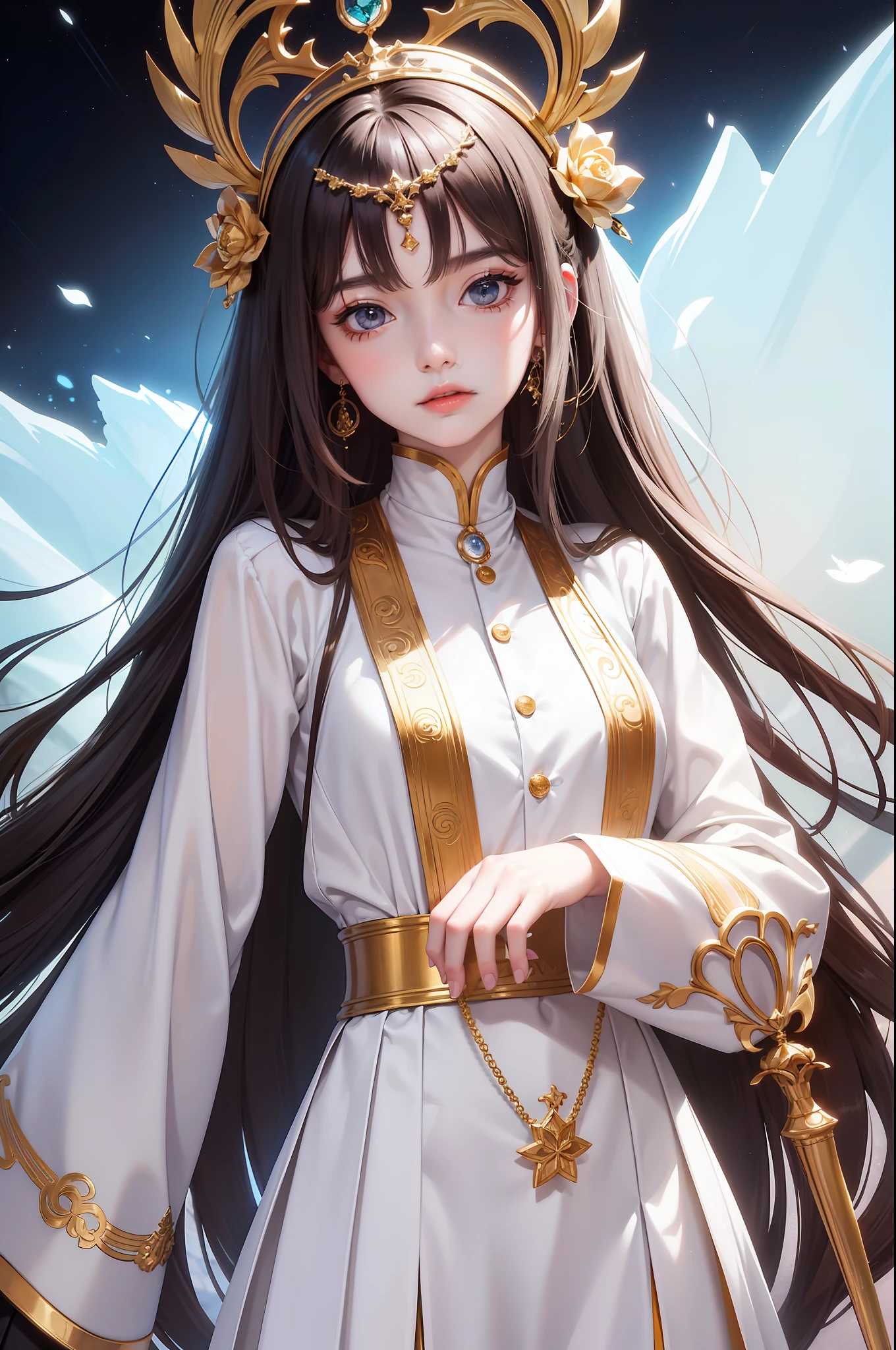 tmasterpiece,best qualtiy,(8k very detailed CG unit wallpaper)(best qualtiy),(Most Best Illustration),(best shadow)White clothes with gold stripes Fair skin Beautiful face Harmonious facial features Body and face in line with popular aesthetics Handheld gem-set staff Holy Spotlessly noble Thin face