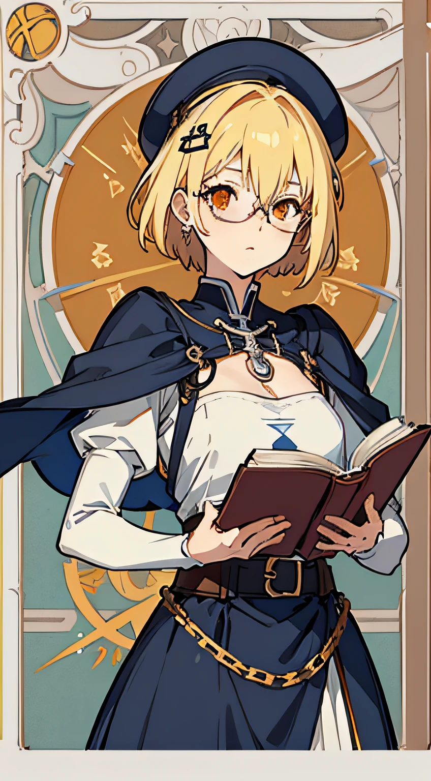 (Marco)、(margins)(first name),Perfect ,don quixote \(limbus company\, Naked、Blonde hair, a beauty girl、eye glasses、middlebreasts、Short hair, hair between eye, Orange Eyes、the chest is perfectly visible、pierced nipple、Chain scientist hat from the nipple、Basketball Hand、armor、`She has a book and a sword、(Bachelor's degree in Medieval Europe )、Cowboy style、hiqcgbody