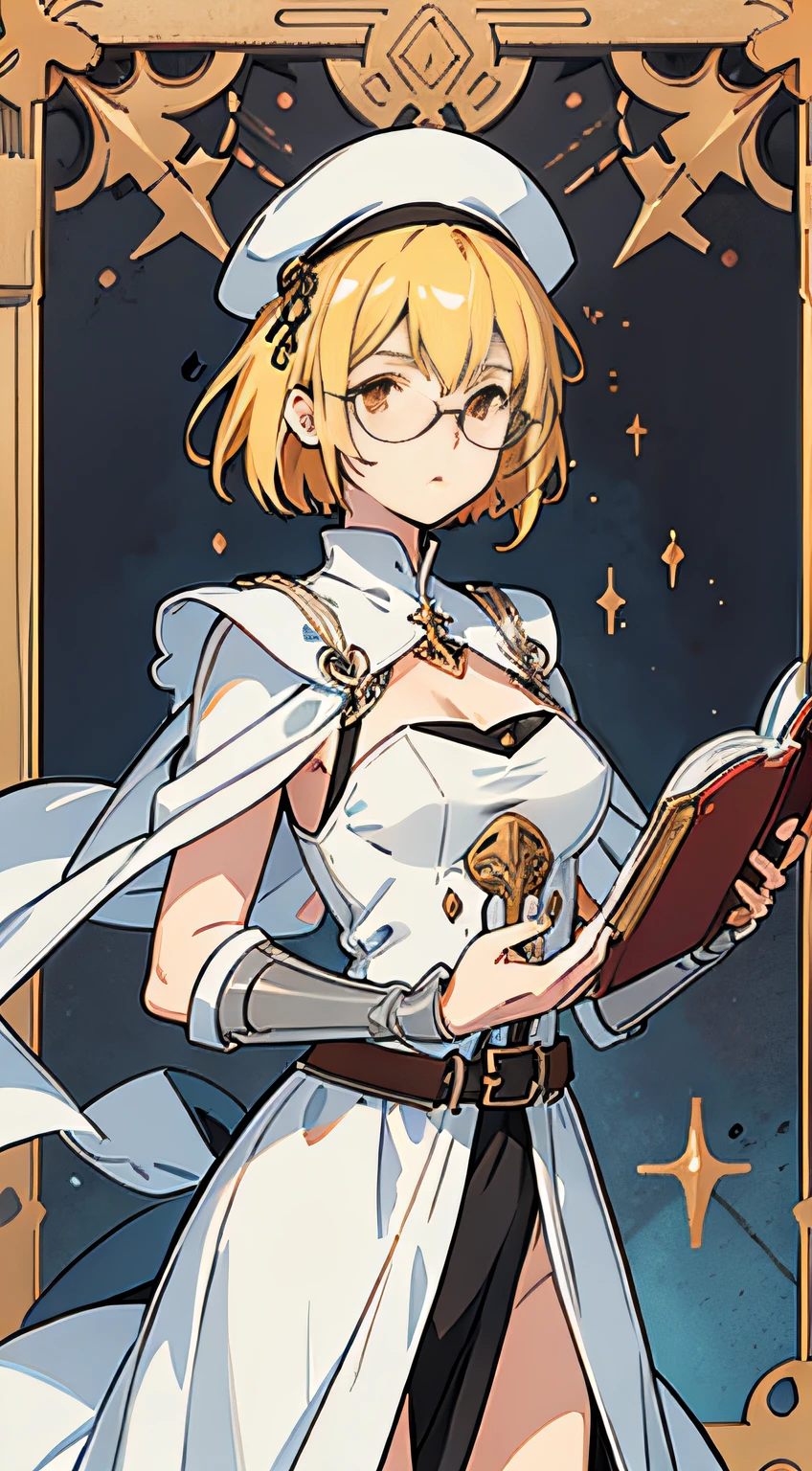 (Marco)、(margins)(first name),Perfect ,don quixote \(limbus company\, Naked、Blonde hair, a beauty girl、eye glasses、middlebreasts、Short hair, hair between eye, Orange Eyes、the chest is perfectly visible、pierced nipple、Chain scientist hat from the nipple、Basketball Hand、armor、`She has a book and a sword、(Bachelor's degree in Medieval Europe )、Cowboy style、hiqcgbody