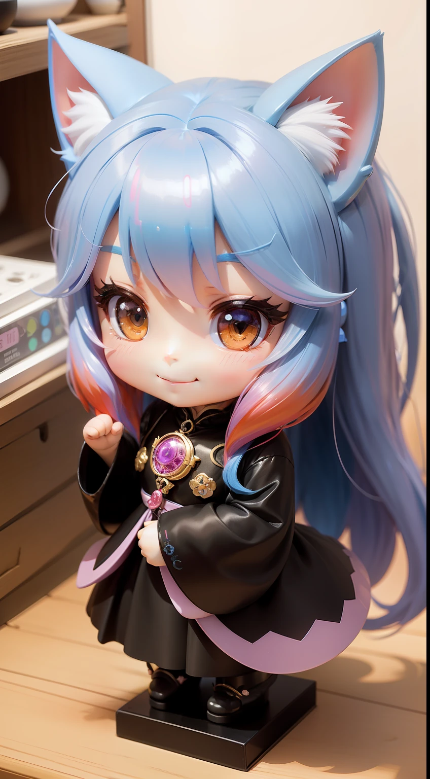 a beauty girl、Soio、super precision、accuracy、nendoroid、Chibi、Multicolored hair color、kawaii、Fantasia、Cat-eared lady、a smile