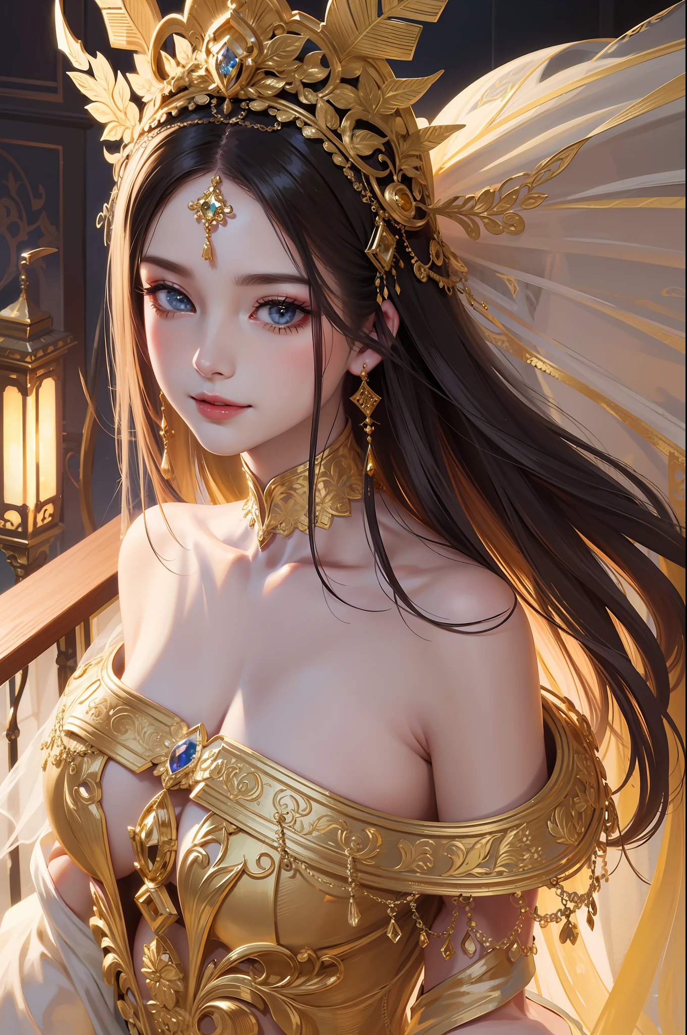 tmasterpiece，best qualtiy，（8K very detailed CG unit wallpaper）（best qualtiy），（Most Best Illustration），（Best shadow） Gorgeous intricate wedding dress with gold trim Intricate headdress on the head With a smile Fair skin Beautiful face Harmonious facial features Body and facial nobility in line with popular aesthetics Face slimming