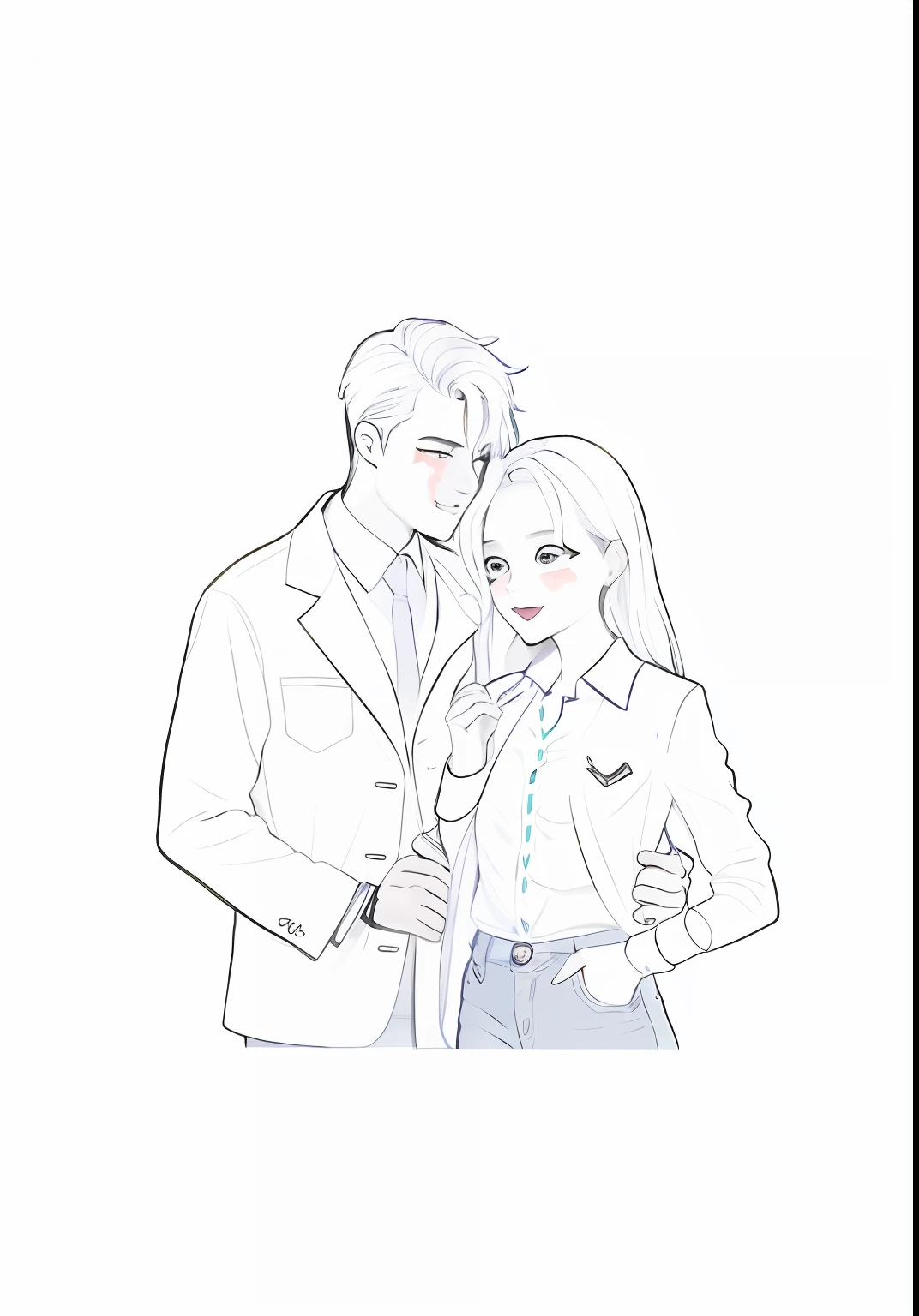 The boy wears a dark blue suit,The girl wears a light blue jeans,The two looked at each other affectionately