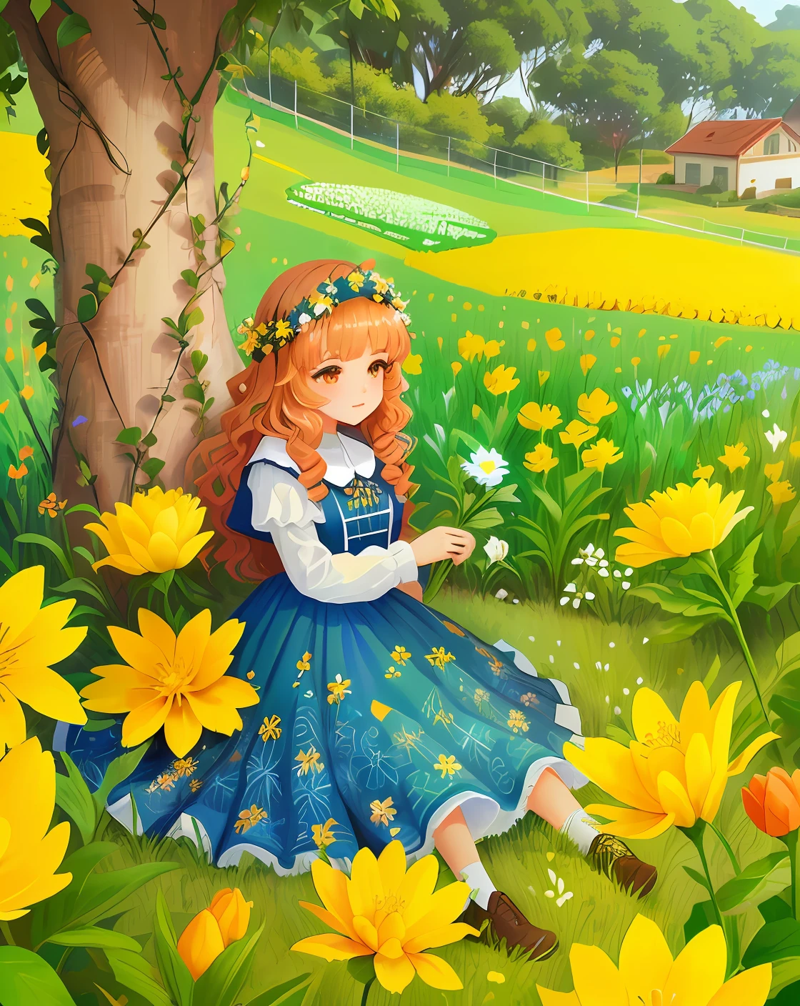 um close up de uma pessoa sentada em um campo de flores, sentado em um campo de flores,  sentada em um campo de flores, sentado com flores, menina campo de flores, menina nas f em um campo de flores, menina anime girasnita, em um campo com flores, menina em um leito de flcom flores amarelas ao redor