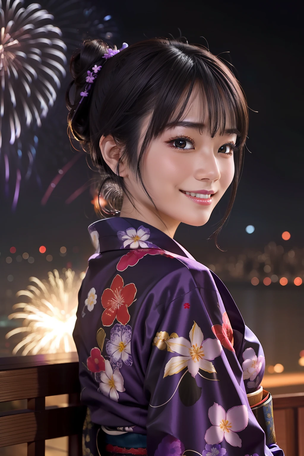 (masterpiece)8K分辨率、top-quality、Woman in yukata watching fireworks、Jet-black bun hair、a purple eye、Very cute、Nice Buddy、kindly smile、