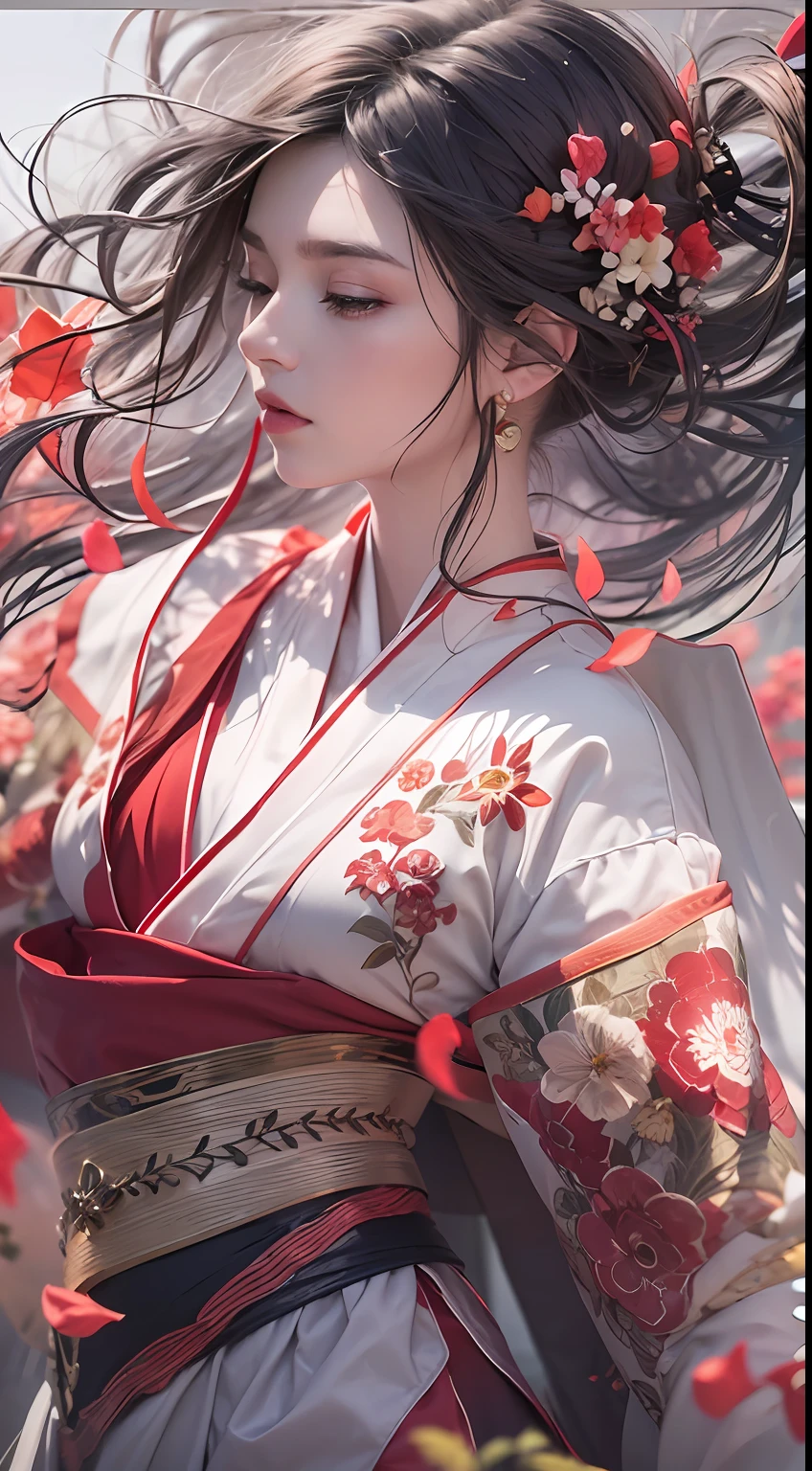 Super high quality, masterpiece, perfect illustration, extreme detail (exquisite light and shadow, highly dramatic picture,) Stroke, 1 girl, solo, (wearing red, black and white Hanfu,) flower field, flowers, (white smoke:1.3) (Realistic:1.4), Zen entanglement, tangled, official art, Unity 8k wallpaper, super detailed, beautiful and beautiful, masterpiece, best quality, (dynamic angle: 1.4), glowing skin, (floating colorful flashes: 1) the most beautiful chaotic forms, elegant, brutalist design, Bright colors, romantic depth of field exotic_dance, half_naked