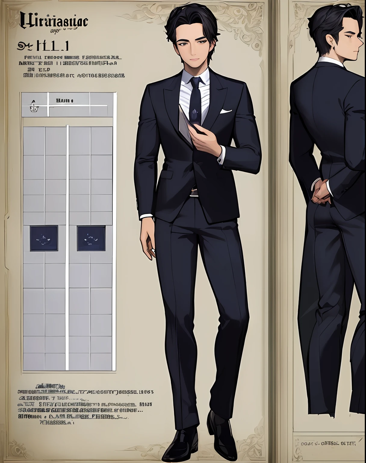 ((Masterpiece))), (((Best Quality))), ((Ultra-detailed)), (very detailed illustration), cinematiclight,, 1 guy  ((Character Sheet)), (Concept art), ((full - body)), (Masterpiece: 1.2), (Best Quality: 1.3), 1 guy standing Guy in a formal suit . Dark hair, blue eyes