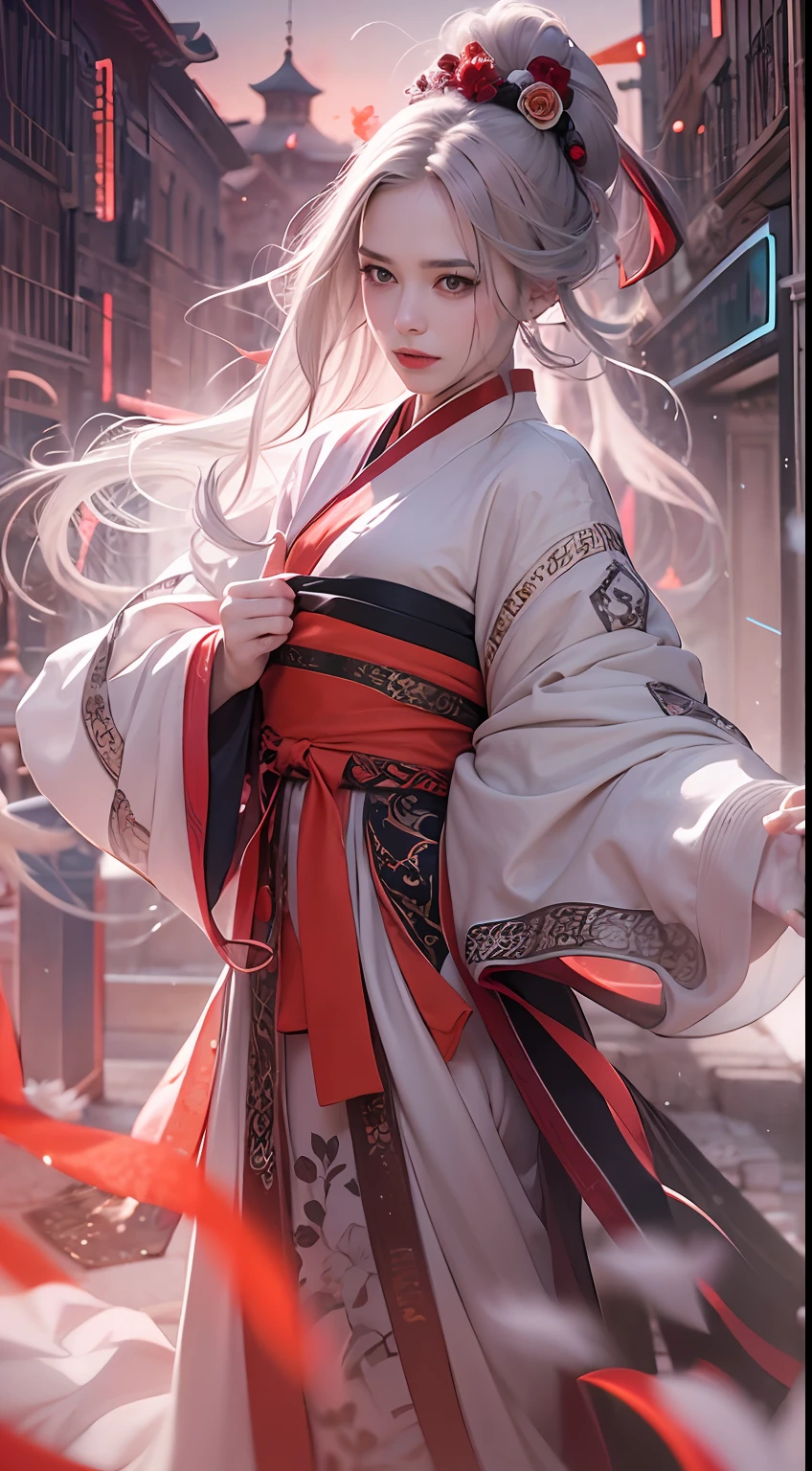 Super high quality, masterpiece, perfect illustration, extreme detail (exquisite light and shadow, highly dramatic picture,) Stroke, 1 girl, solo, (wearing red, black and white Hanfu,) flower field, flowers, (white smoke:1.3) (Realistic:1.4), Zen entanglement, tangled, official art, Unity 8k wallpaper, super detailed, beautiful and beautiful, masterpiece, best quality, (dynamic angle: 1.4), glowing skin, (floating colorful flashes: 1) the most beautiful chaotic forms, elegant, brutalist design, Bright colors, romantic depth of field exotic_dance, half_naked
