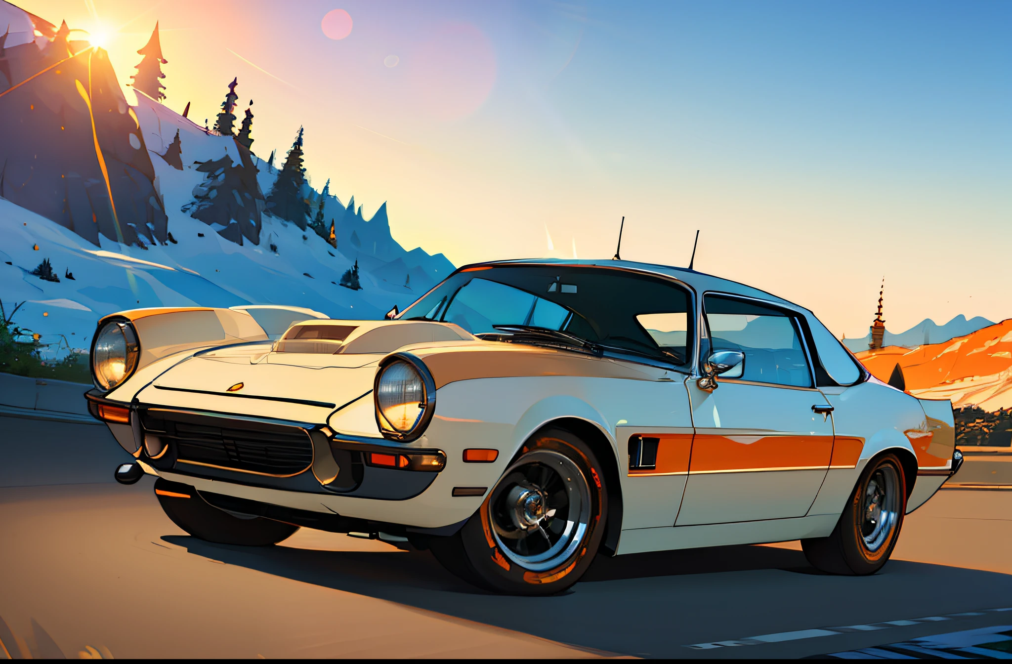 (masterpiece)+, (Best Quality)+, (Intricate Detail)+, design me the most beautiful car in the world, white paint with orange highlights, showroom concept, lens flare, camera artefact, professional photographer, 4k, HDR, longitudinal symmetry