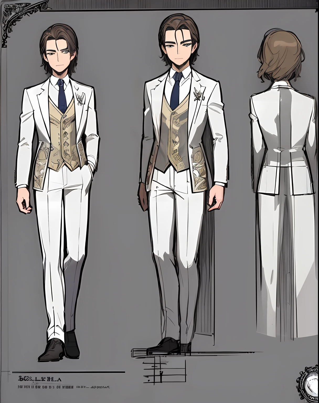 ((Masterpiece))), (((Best Quality))), ((Ultra-detailed)), (very detailed illustration), cinematiclight,, 1 guy ((Character Sheet)), (Concept art), ((full - body)), (Masterpiece: 1.2), (Best Quality: 1.3), 1 guy standing Guy in a formal suit . Dark hair, blue eyes