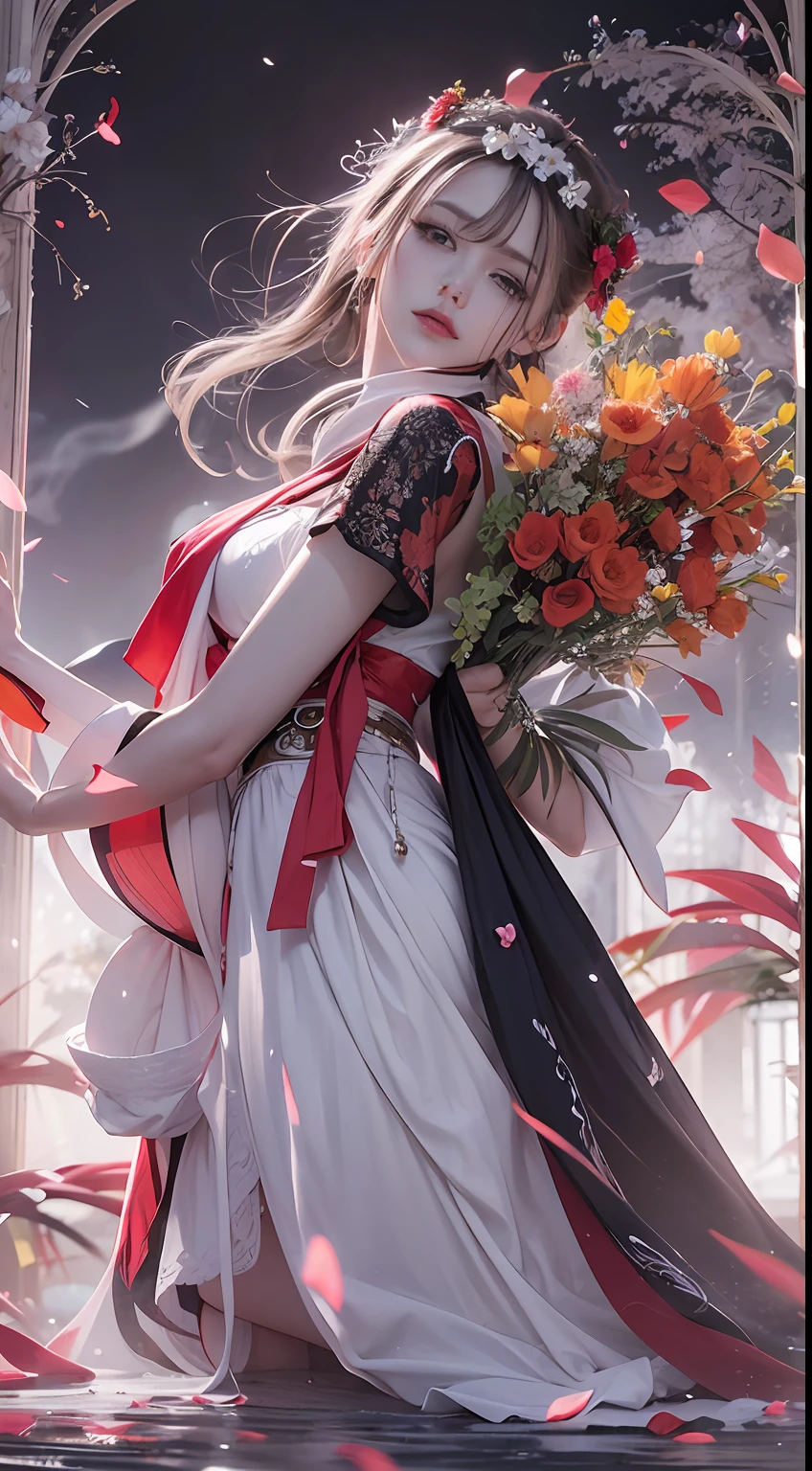 Super high quality, masterpiece, perfect illustration, extreme detail (exquisite light and shadow, highly dramatic picture,) Stroke, 1 girl, solo, (wearing red, black and white Hanfu,) flower field, flowers, (white smoke:1.3) (Realistic:1.4), Zen entanglement, tangled, official art, Unity 8k wallpaper, super detailed, beautiful and beautiful, masterpiece, best quality, (dynamic angle: 1.4), glowing skin, (floating colorful flashes: 1) the most beautiful chaotic forms, elegant, brutalist design, Bright colors, romantic depth of field exotic_dance, half_naked