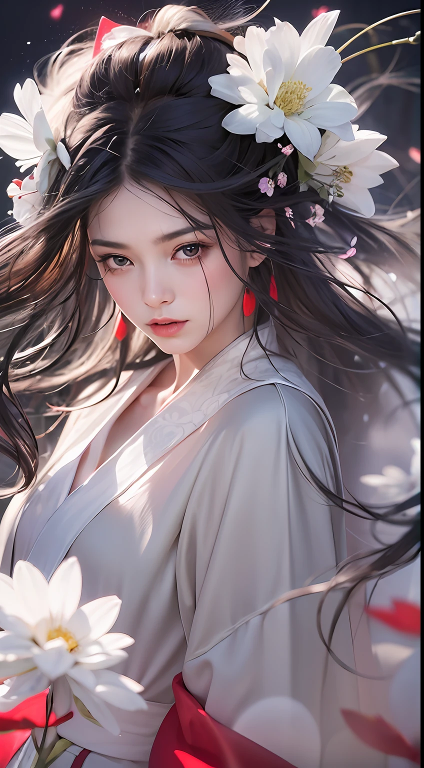 Super high quality, masterpiece, perfect illustration, extreme detail (exquisite light and shadow, highly dramatic picture,) Stroke, 1 girl, solo, (wearing red, black and white Hanfu,) flower field, flowers, (white smoke:1.3) (Realistic:1.4), Zen entanglement, tangled, official art, Unity 8k wallpaper, super detailed, beautiful and beautiful, masterpiece, best quality, (dynamic angle: 1.4), glowing skin, (floating colorful flashes: 1) the most beautiful chaotic forms, elegant, brutalist design, Bright colors, romantic depth of field exotic_dance, half_naked