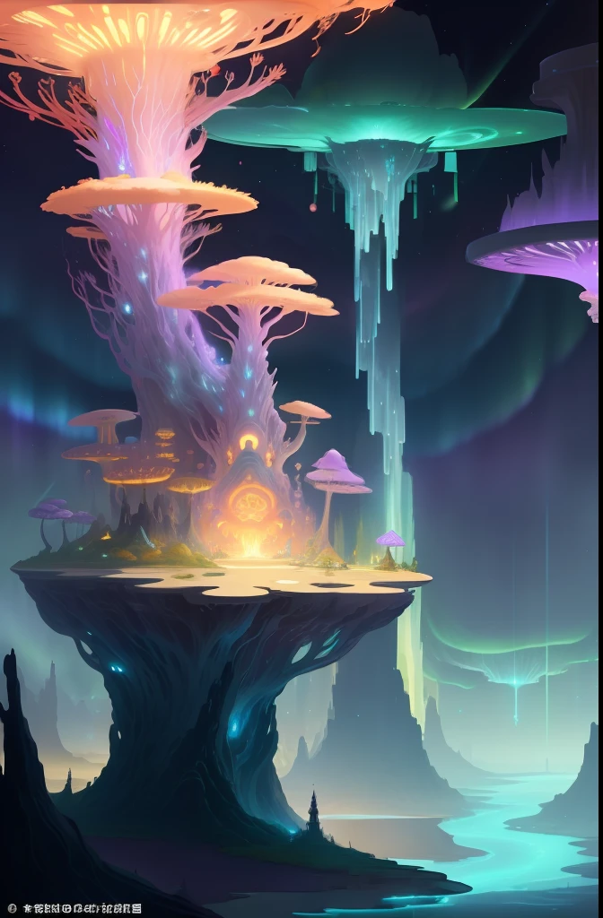 Generate a fantastical landscape with floating islands and bioluminescent plants. Create an otherworldly landscape featuring a crystalline waterfall and colorful, swirling nebulae in the sky. Design a surreal landscape with giant mushrooms, glowing vines, and a cascading river of stars. Imagine a mystical forest with glowing trees, luminescent fireflies, and a hidden fairy kingdom. Generate a dreamlike landscape with floating temples, flying dragons, and a rainbow aurora in the sky. Create an alien planet landscape with floating rock formations, floating lakes, and alien flora. Design a futuristic cityscape with towering crystalline skyscrapers, levitating transportation pods, and holographic billboards. Imagine a magical desert with sand dunes that change colors like a kaleidoscope, and a giant oasis filled with mythical creatures. Generate a whimsical underwater world with glowing coral reefs, mermaids, and ancient ruins. Create a steampunk-inspired landscape with floating airships, mechanical trees, and gears in the sky.