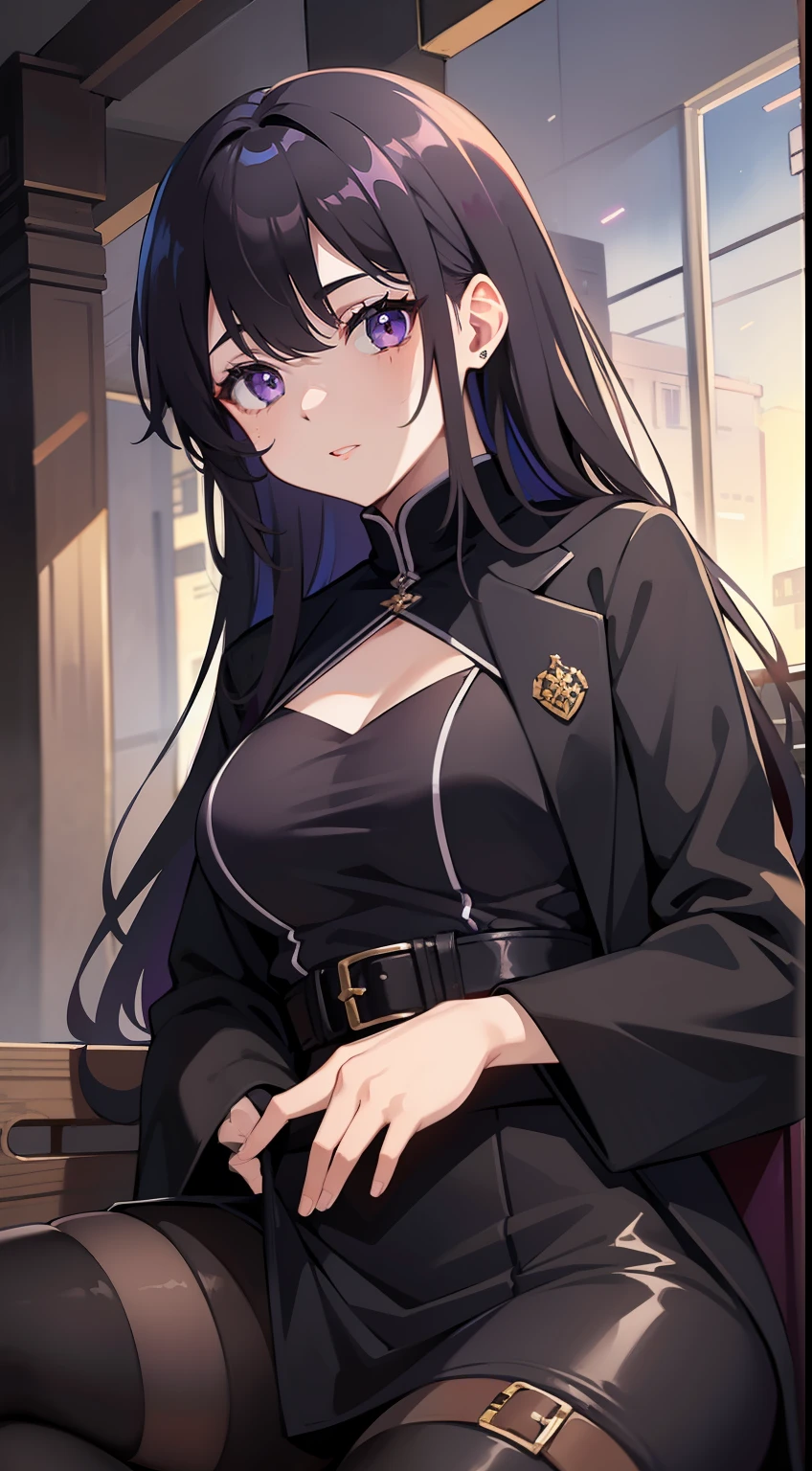 Young guy, long dark purple or black hair, violet eyes, Black Rich Clothing, Masterpiece, hiquality