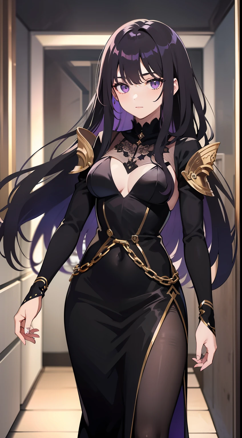 Young guy, long dark purple or black hair, violet eyes, Black Rich Clothing, Masterpiece, hiquality