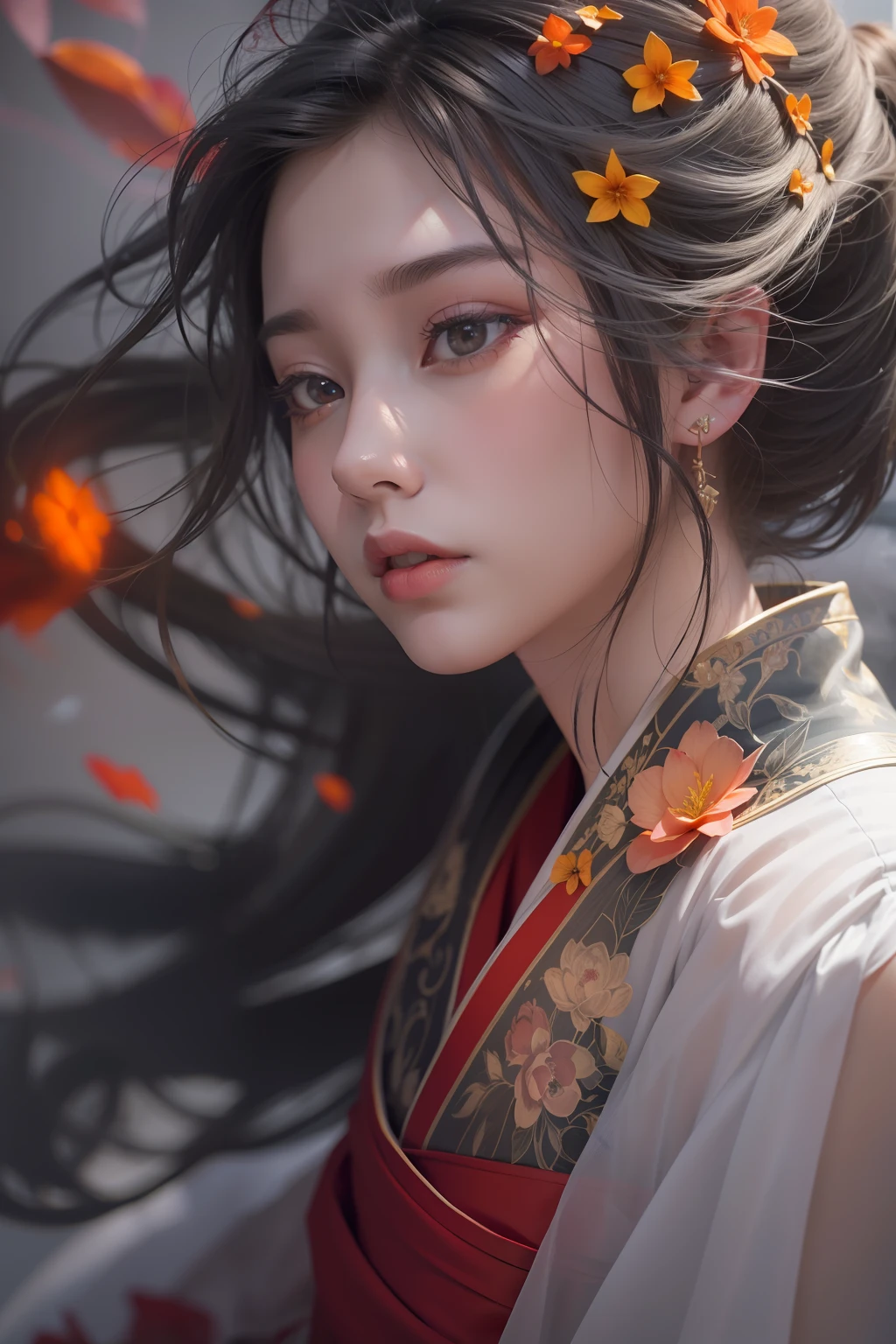 Super high quality, masterpiece, perfect illustration, extreme detail (exquisite light and shadow, highly dramatic picture,) Stroke, 1 girl, solo, (wearing red, black and white Hanfu,) flower field, flowers, (white smoke:1.3) (Realistic:1.4), Zen entanglement, tangled, official art, Unity 8k wallpaper, super detailed, beautiful and beautiful, masterpiece, best quality, (dynamic angle: 1.4), glowing skin, (floating colorful flashes: 1) the most beautiful chaotic forms, elegant, brutalist design, Bright colors, romantic depth of field exotic_dance, half_naked