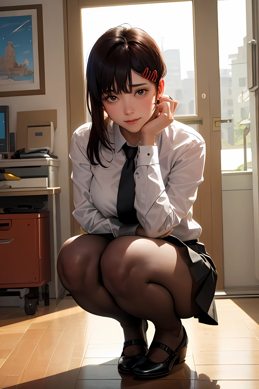 masterpiece, best quality, ultra-detailed, illustration, epic lighting, cinematic composition, isometric, full body view, feet in view, 1girl, solo, cute, brown eyes, black hair, swept bangs, single sidelock, red hairclip, white collared shirt, black necktie, black skirt, pantyhose, no shoes, formal, enchanting gaze, captivating pose, indoors, office, door, opening door, looking at viewer, peeking out upper body, blush, seductive smile, closed mouth,(8k:1.1),