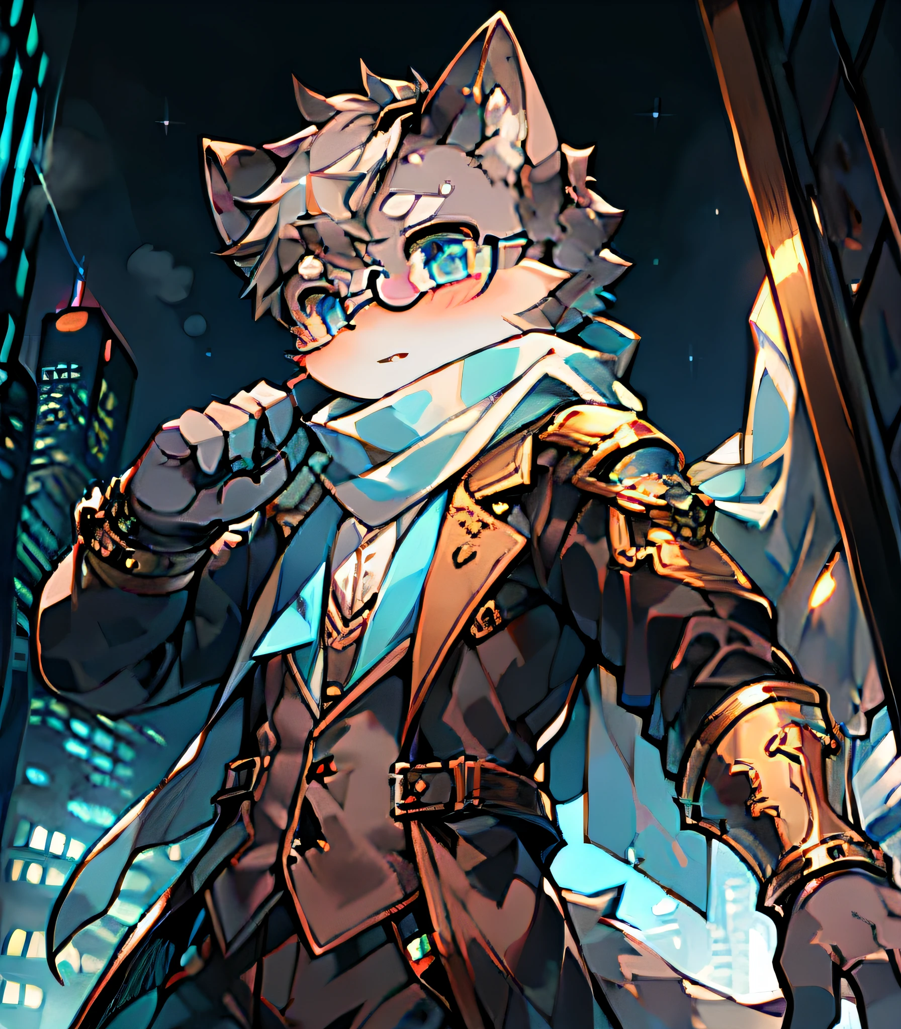 Highest quality, delicate painting style, delicate hook line, masterpiece, delicate skin, delicate hair, complete painting, masterpiece, delicate hands, delicate eyes, normal eyes, gray cat ears, furry, gray hair, black framed round glasses, blue eyes, cute, handsome, ((white scarf)), cat style, Shota, cyberpunk, blue pupils, city night view, gray hair, bangs, gray crystal wings, mottled light and shadow, steampunk, short hair, boys, bright eyes with God. , Crystal Shards in the Air, City, ((Battle Stance))