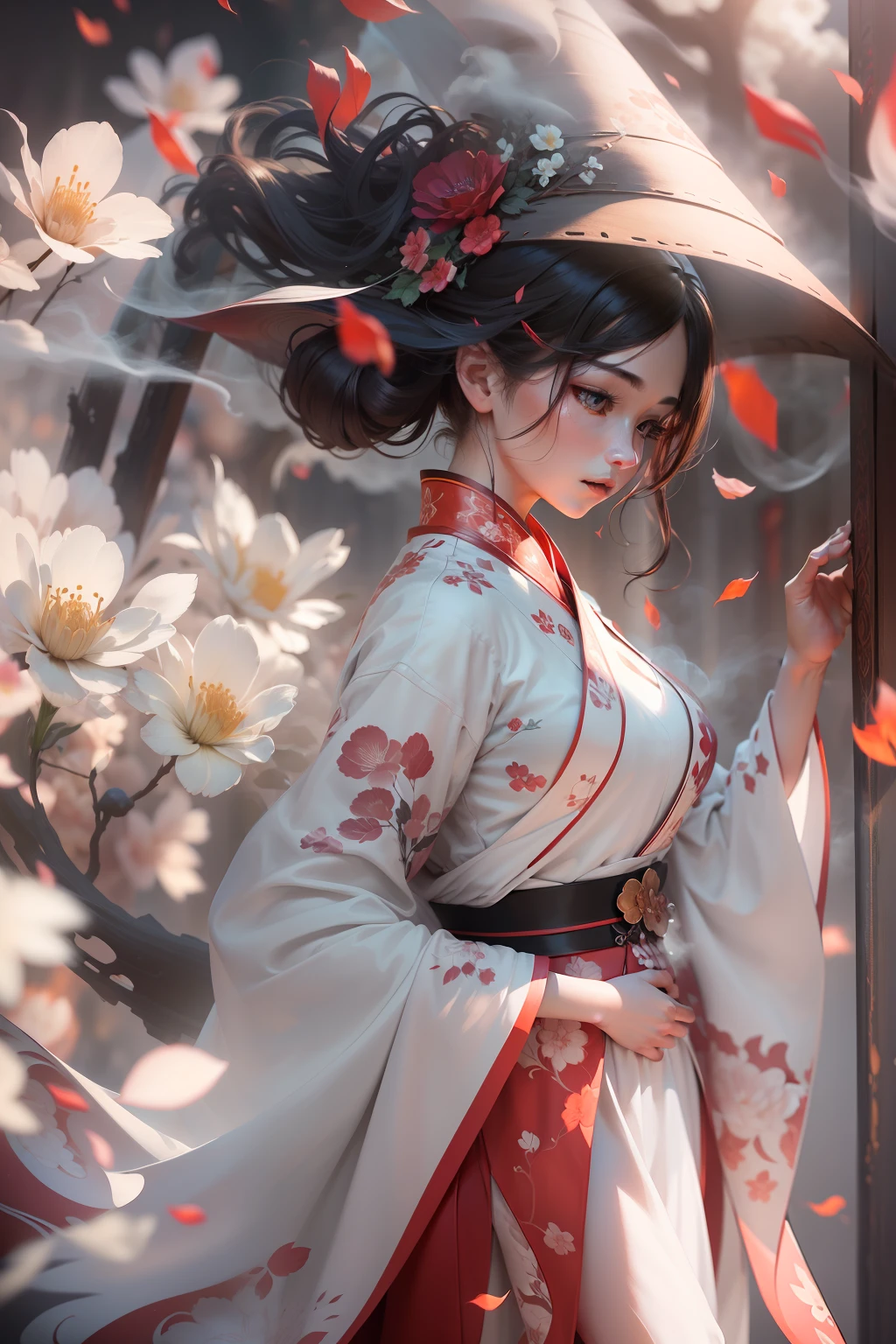 Super high quality, masterpiece, perfect illustration, extreme detail (exquisite light and shadow, highly dramatic picture,) Stroke, 1 girl, solo, (wearing red, black and white Hanfu,) flower field, flowers, (white smoke:1.3) (Realistic:1.4), Zen entanglement, tangled, official art, Unity 8k wallpaper, super detailed, beautiful and beautiful, masterpiece, best quality, (dynamic angle: 1.4), glowing skin, (floating colorful flashes: 1) the most beautiful chaotic forms, elegant, brutalist design, Bright colors, romantic depth of field exotic_dance, half_naked