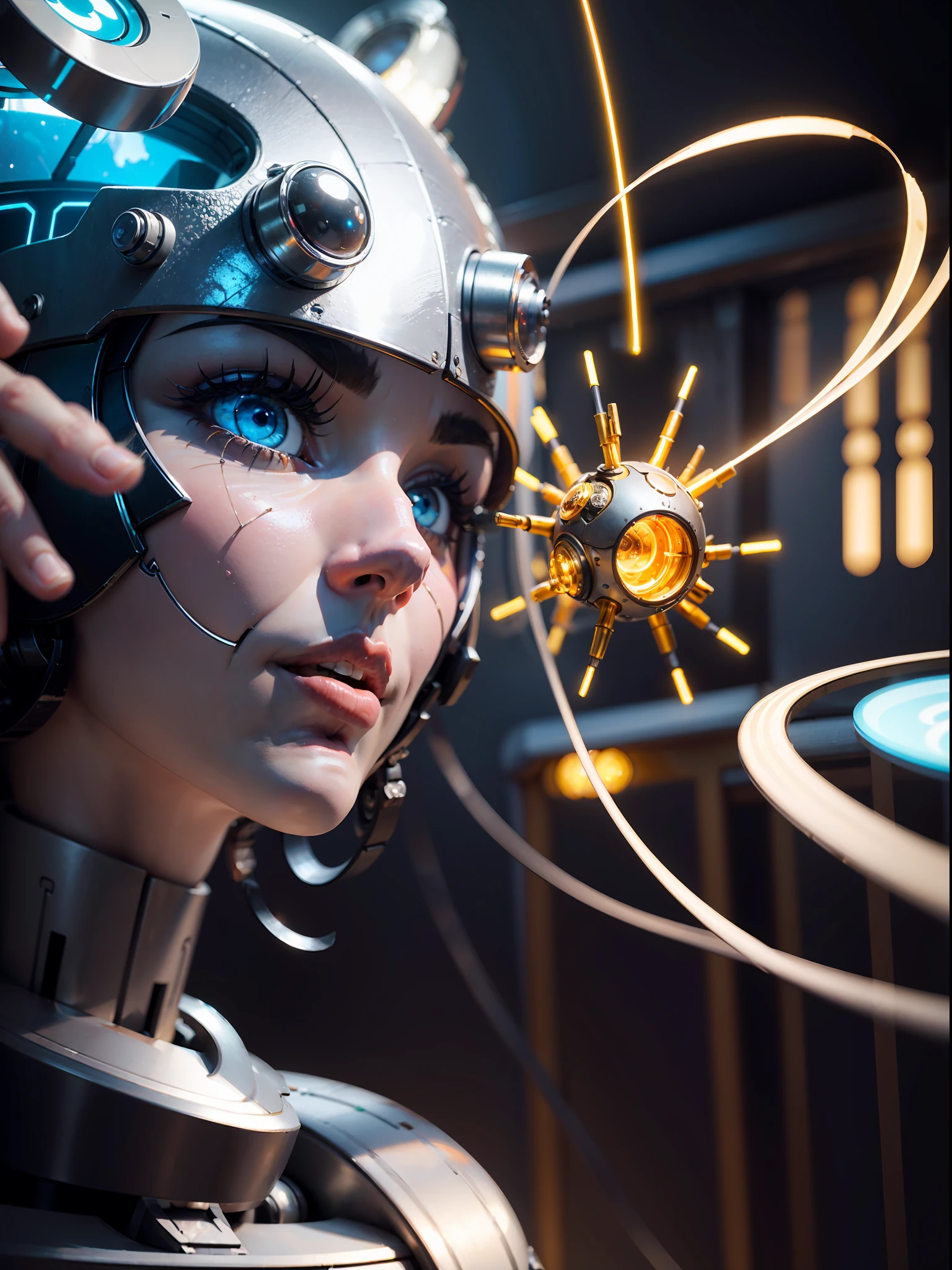 (((wide view)))), (((A mechanical female head floating in the laboratory))), in the center of the room floats a robot head, (((head and body separate))), its smooth metal surface reflects a dazzling variety of lights, illuminating the room. Pipes and pipes meander through the walls, attached to the head with complex precision.
When you look closely, you'll see that this is no ordinary robot. The head is covered with wires and cables, and countless electrical connections give it almost unimaginable processing power. You can almost hear the hum of the engine and the crackling of the current as it runs in the circuit.
This is the marvel of modern engineering, a testament to the power of human ingenuity and the infinite possibilities of technology. The beauty of the machine and the coldness of the metal parts combine to create an almost creepy effect, as if it were both alive and somehow not entirely real.
The scene is completed by kaleidoscopic lights, flashing and pulsing in time to the rhythm of the machinery. The overall effect is breathtaking, incredible display of human creativity, innovation and imagination, super fine, 16k resolution, (((master work)))), ((masterpiece)), (vista), dynamic perspective, high resolution, super high resolution, epic shooting, detailed, accurate, detailed,