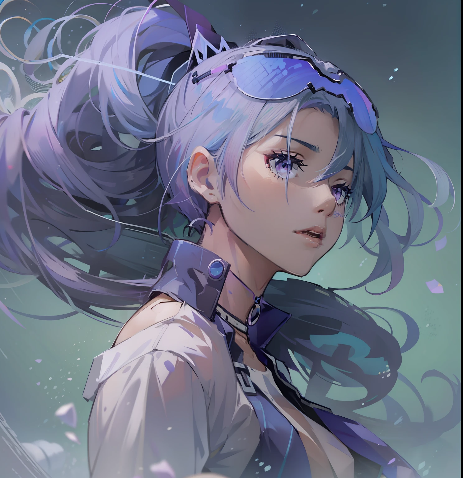 solo, beautiful female, wuxiaworld, wind blow, blossom, on the fog road, multicolored hair, blue hair, purple hair, ponytail, long hair, lonely, ray tracing, reflection light, depth of field, partially underwater shot, framed, multiple views, polar opposites, close-up, cowboy shot, masterpiece, best quality, high details, high quality, ccurate, textured skin, UHD