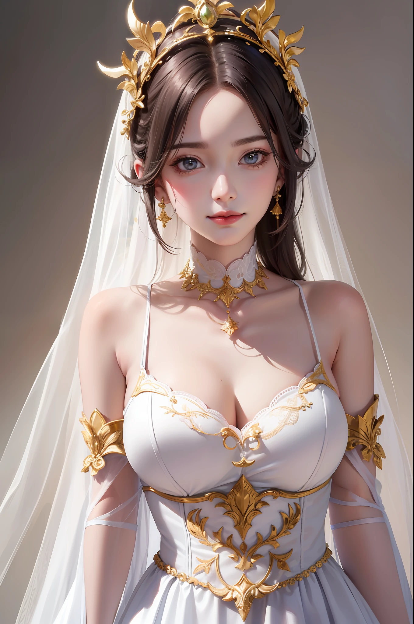 tmasterpiece,best qualtiy,(8K very detailed CG unit wallpaper)(best qualtiy),(Most Best Illustration),(Best shadow) Gorgeous white silk wedding dress with gold embellishment, intricate headdress on the head, smile, fair skin, beautiful face, harmonious facial features, body and facial nobility in line with popular aesthetics, face slimming