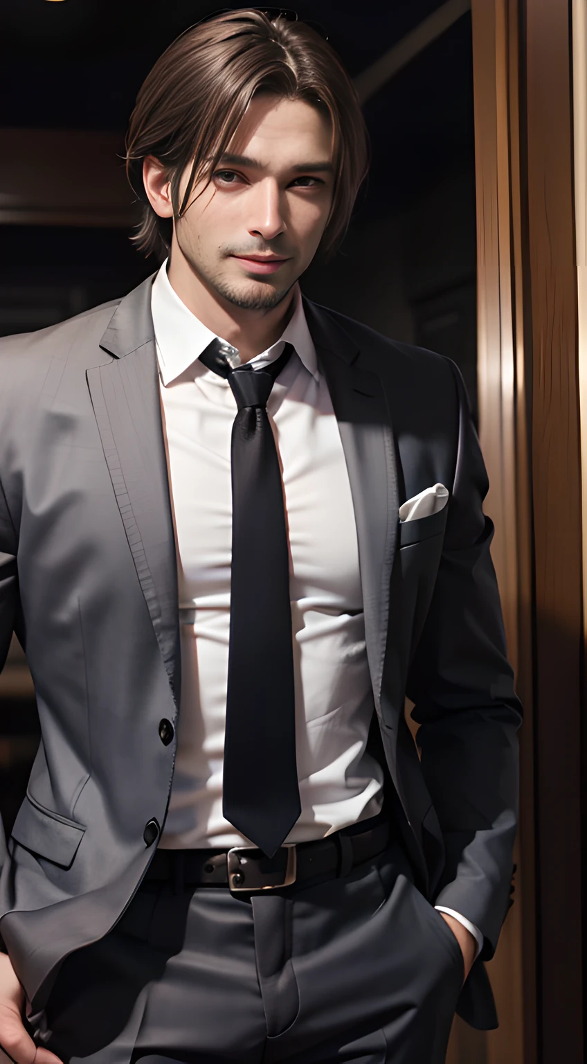 ((Men only)), (cowboy shot), (Handsome muscular man in his 30s wearing business suit and tie), Leon Kennedy, gray hair, Mischievous smile, (detaile: 1 in 1), Natural muscles, HIG quality, beautidful eyes, (Detailed face and eyes), (Face、: 1 / 2), Noise, Real Photographics、... ..................................................................................................PSD, Sharp Focus, High resolution 8K, realisitic & Professional Photography, 8K UHD, Soft lighting, High quality, Film grain, FujifilmXT3