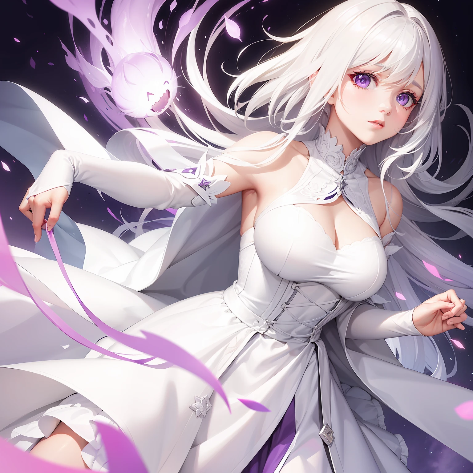 a women, white hair, purple eyes, white dress