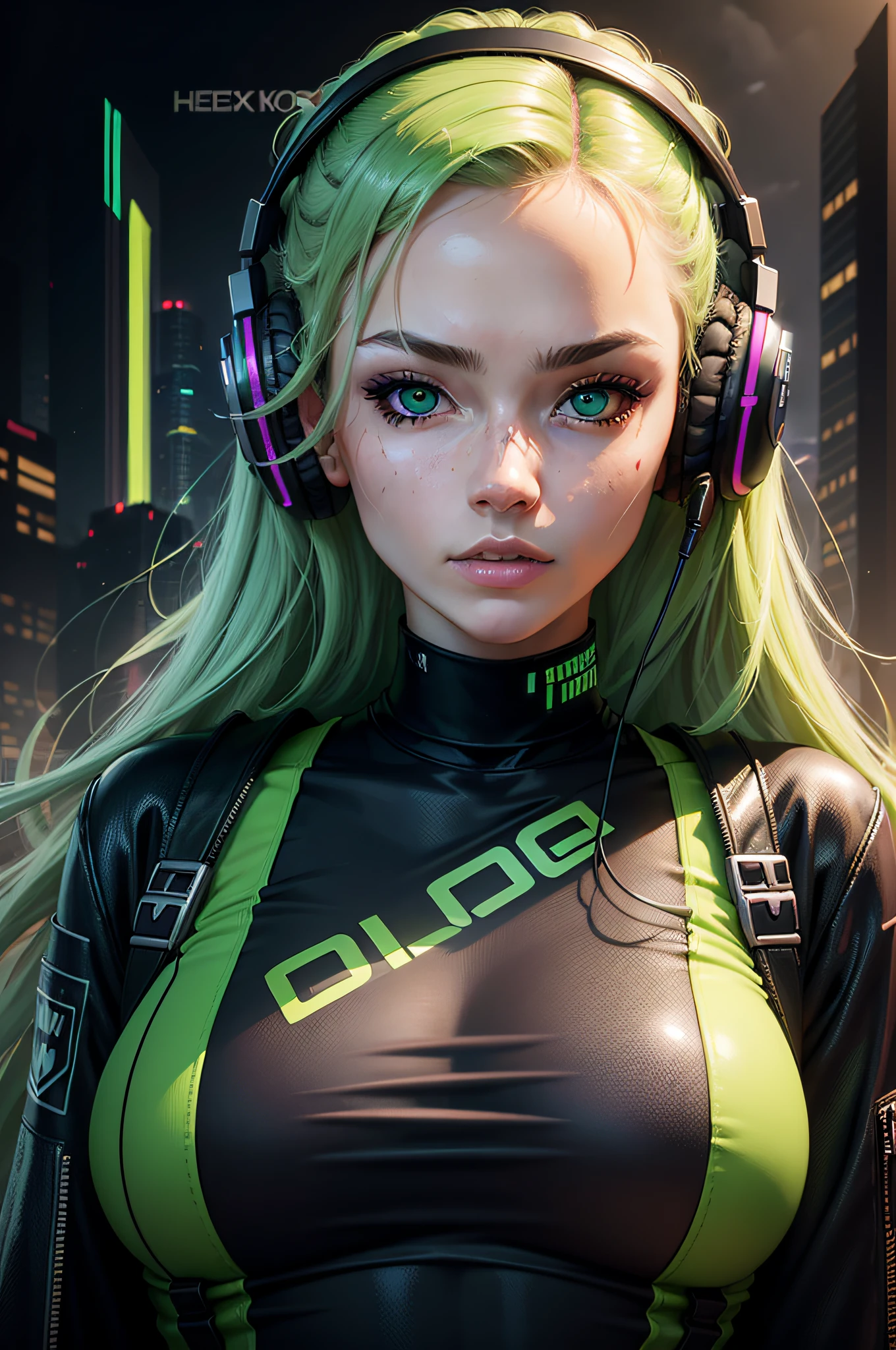(masterpiece) portrait of an attractive young woman, headphones on the head, green eyes, cyberpunk streetwear, vector, centered, no logos, no watermarks, highly detailed, high definition, clean background, dark fantasy cyberpunk Sci-Fi, future, dot matrix, pastel colors, framed, as a tshirt design logo