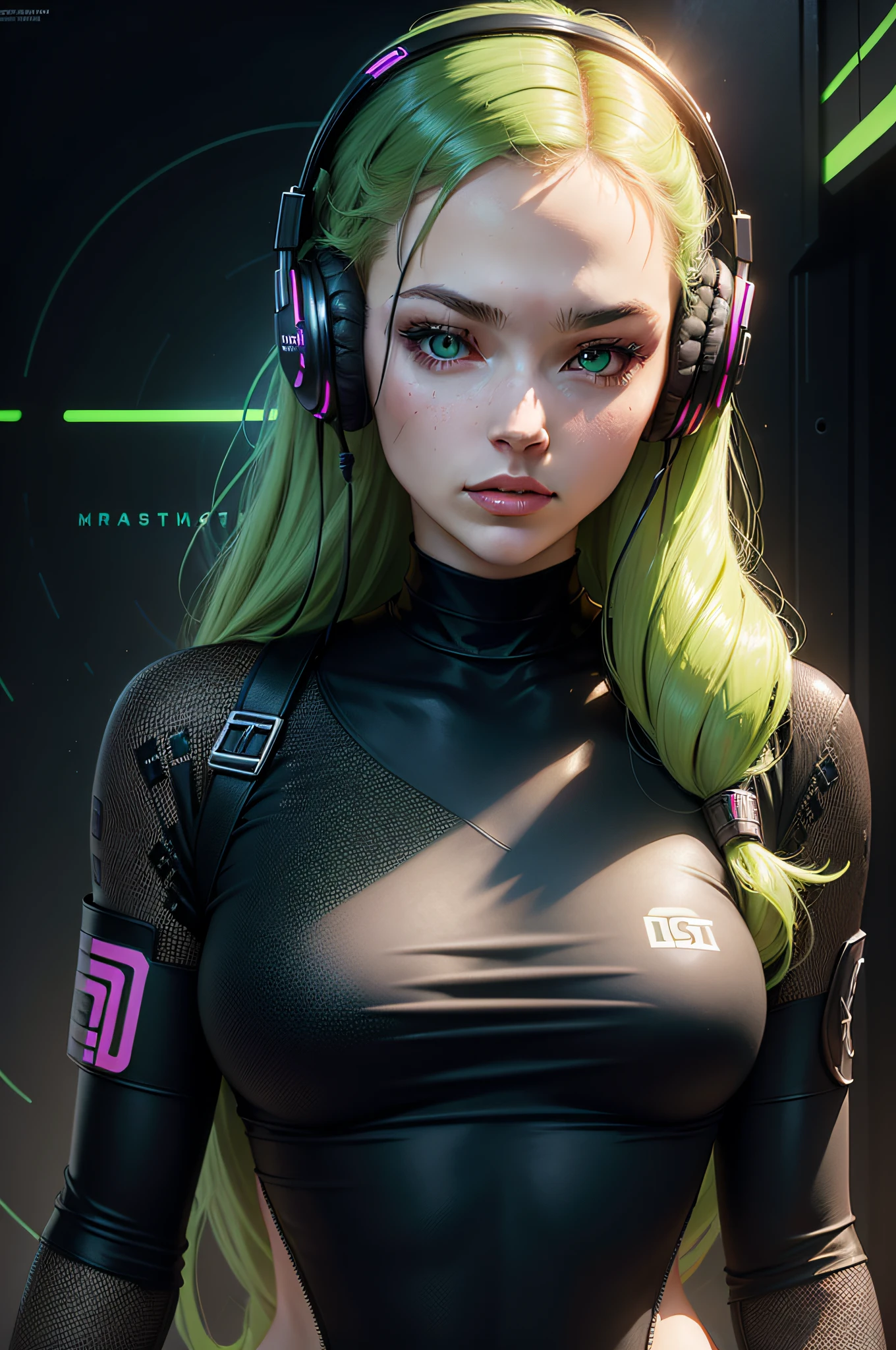 (masterpiece) portrait of an attractive young woman, headphones on the head, green eyes, cyberpunk streetwear, vector, centered, no logos, no watermarks, highly detailed, high definition, clean background, dark fantasy cyberpunk Sci-Fi, future, dot matrix, pastel colors, framed, as a tshirt design logo