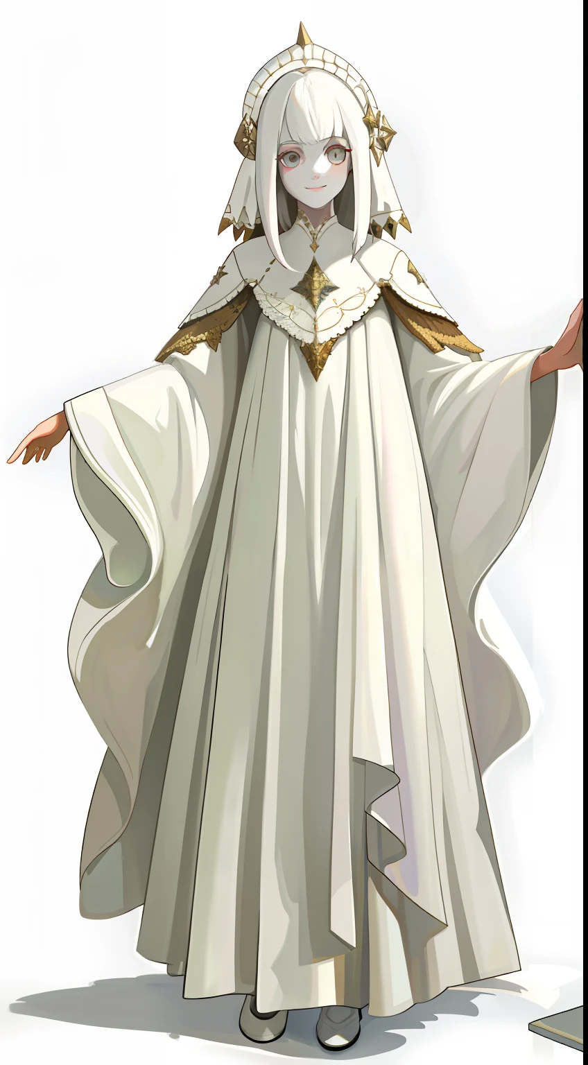 Pure white painted with embellishments {{full bodyesbian}} White skin, white hair, girl,Multi-layered white painting,Plain white background,confident smile,{{fullnude}},white dresses,s girl,nobles,Standing painting
