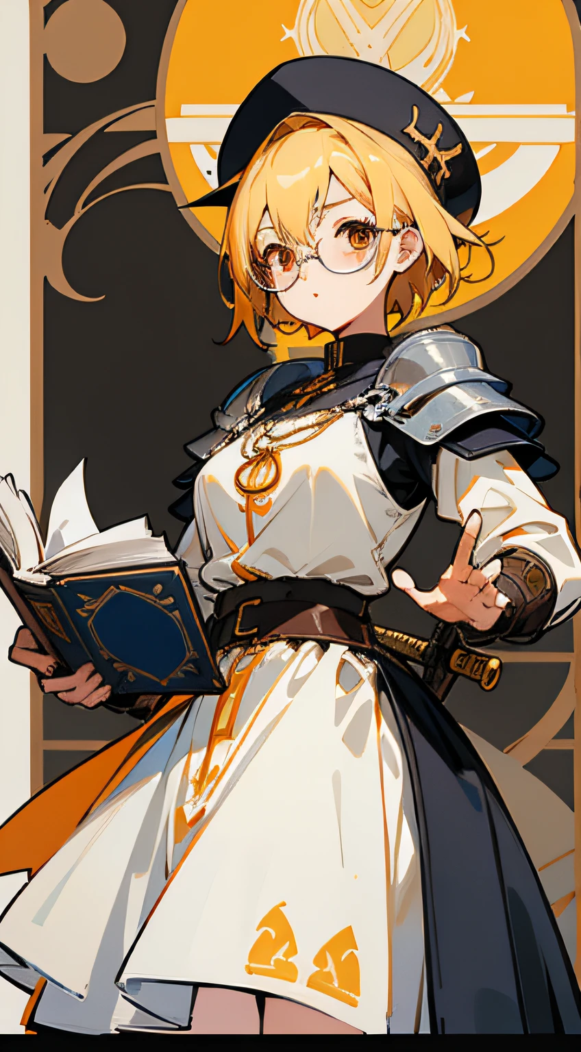 （Marco）,Perfect ,don quixote \(limbus company\, Naked、Blonde hair, a beauty girl、eye glasses、middlebreasts、Short hair, hair between eye, Orange Eyes、String bra、pierced nipple、Chain scientist hat from the nipple、Basketball Hand、armor、`She has a book and a sword、(Bachelor's degree in Medieval Europe )､Cowboy style、hiqcgbody
