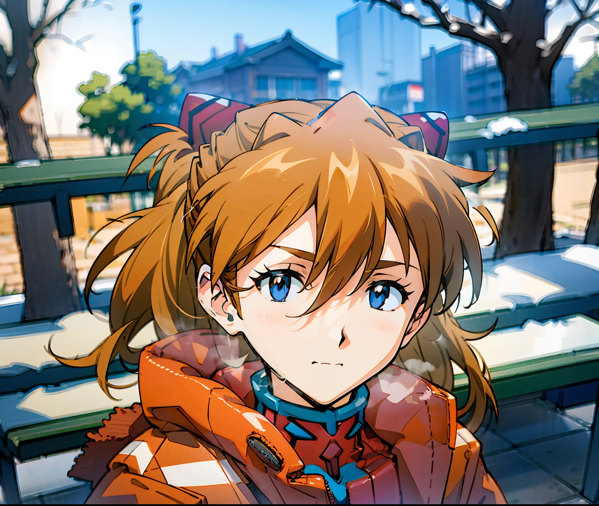 asuka，exteriors，benches，Sit Pose，Close-up，closeup of face，down jacket，at winter season，nevando。