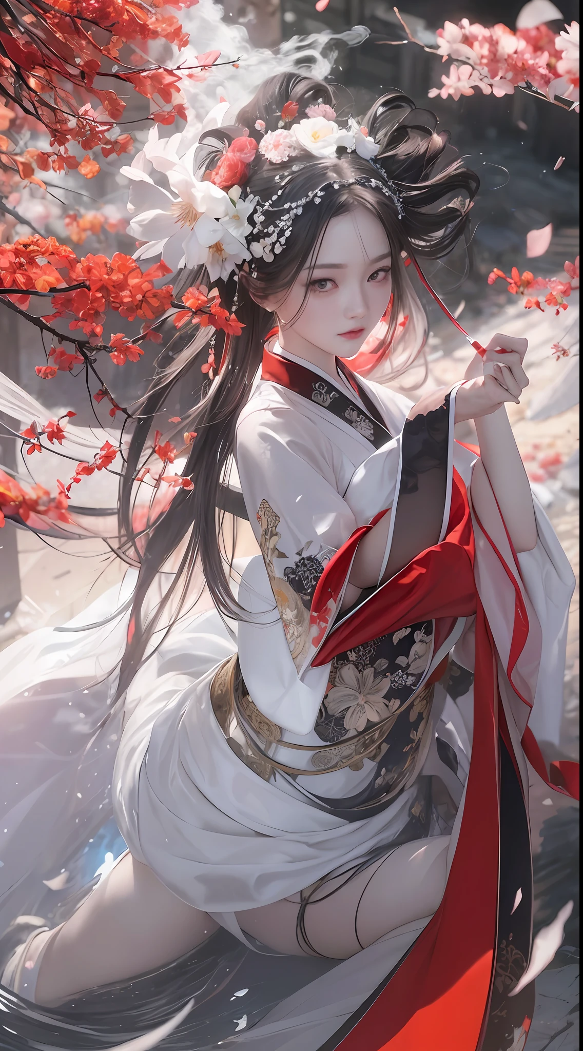 Super high quality, masterpiece, perfect illustration, extreme detail (exquisite light and shadow, highly dramatic picture,) Stroke, 1 girl, solo, (wearing red, black and white Hanfu,) flower field, flowers, (white smoke:1.3) (Realistic:1.4), Zen entanglement, tangled, official art, Unity 8k wallpaper, super detailed, beautiful and beautiful, masterpiece, best quality, (dynamic angle: 1.4), glowing skin, (floating colorful flashes: 1) the most beautiful chaotic forms, elegant, brutalist design, Bright colors, romantic depth of field exotic_dance, half_naked