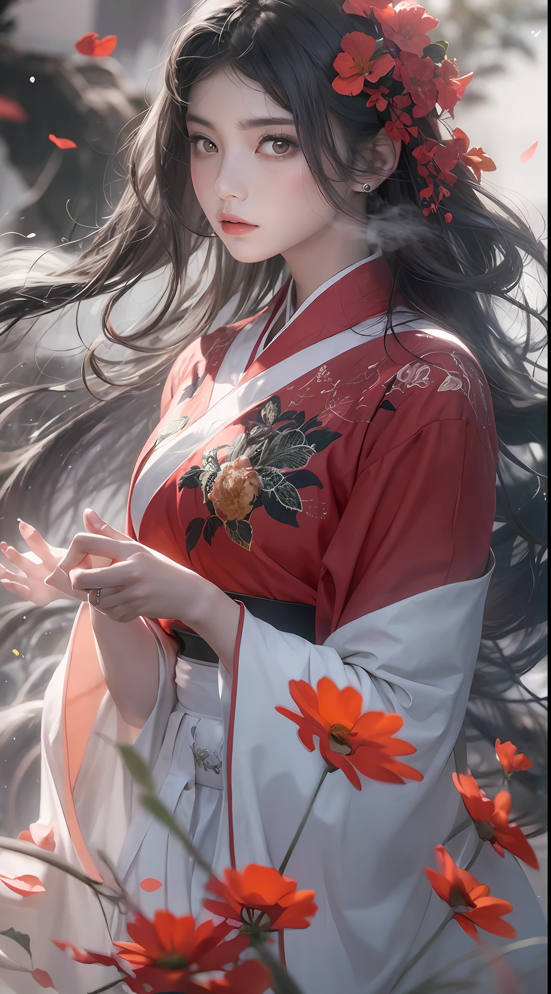 Super high quality, masterpiece, perfect illustration, extreme detail (exquisite light and shadow, highly dramatic picture,) Stroke, 1 girl, solo, (wearing red, black and white Hanfu,) flower field, flowers, (white smoke:1.3) (Realistic:1.4), Zen entanglement, tangled, official art, Unity 8k wallpaper, super detailed, beautiful and beautiful, masterpiece, best quality, (dynamic angle: 1.4), glowing skin, (floating colorful flashes: 1) the most beautiful chaotic forms, elegant, brutalist design, Bright colors, romantic depth of field exotic_dance, half_naked