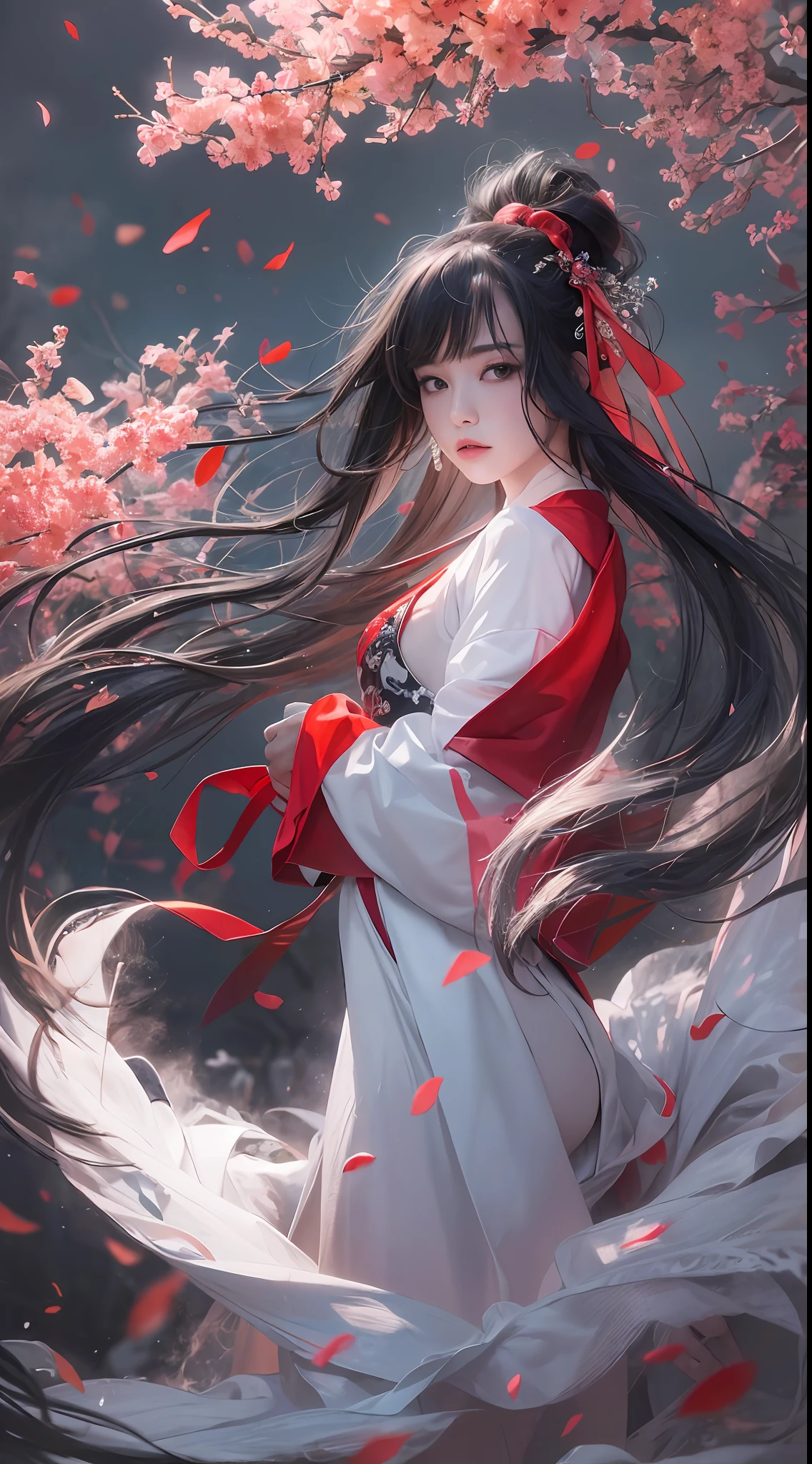 Super high quality, masterpiece, perfect illustration, extreme detail (exquisite light and shadow, highly dramatic picture,) Stroke, 1 girl, solo, (wearing red, black and white Hanfu,) flower field, flowers, (white smoke:1.3) (Realistic:1.4), Zen entanglement, tangled, official art, Unity 8k wallpaper, super detailed, beautiful and beautiful, masterpiece, best quality, (dynamic angle: 1.4), glowing skin, (floating colorful flashes: 1) the most beautiful chaotic forms, elegant, brutalist design, Bright colors, romantic depth of field exotic_dance, half_naked